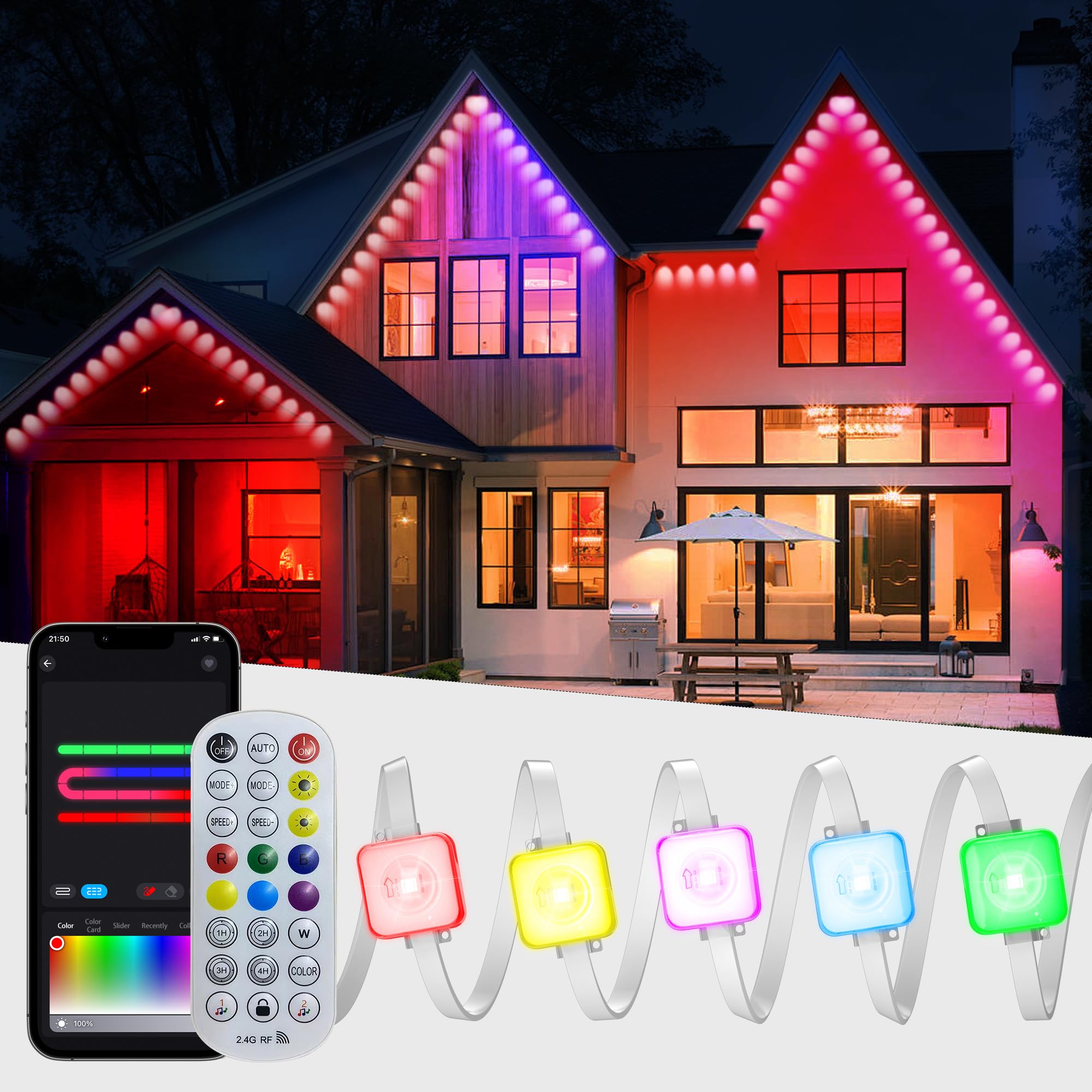 Umidkin Permanent Outdoor Lights  100Ft Rgb Outdoor Christmas Lights With 72 Led Lights  Ip67 Waterproof Led Eaves Lights With Diy Scene Modes For Halloween Decor  Smart App & Remote Control