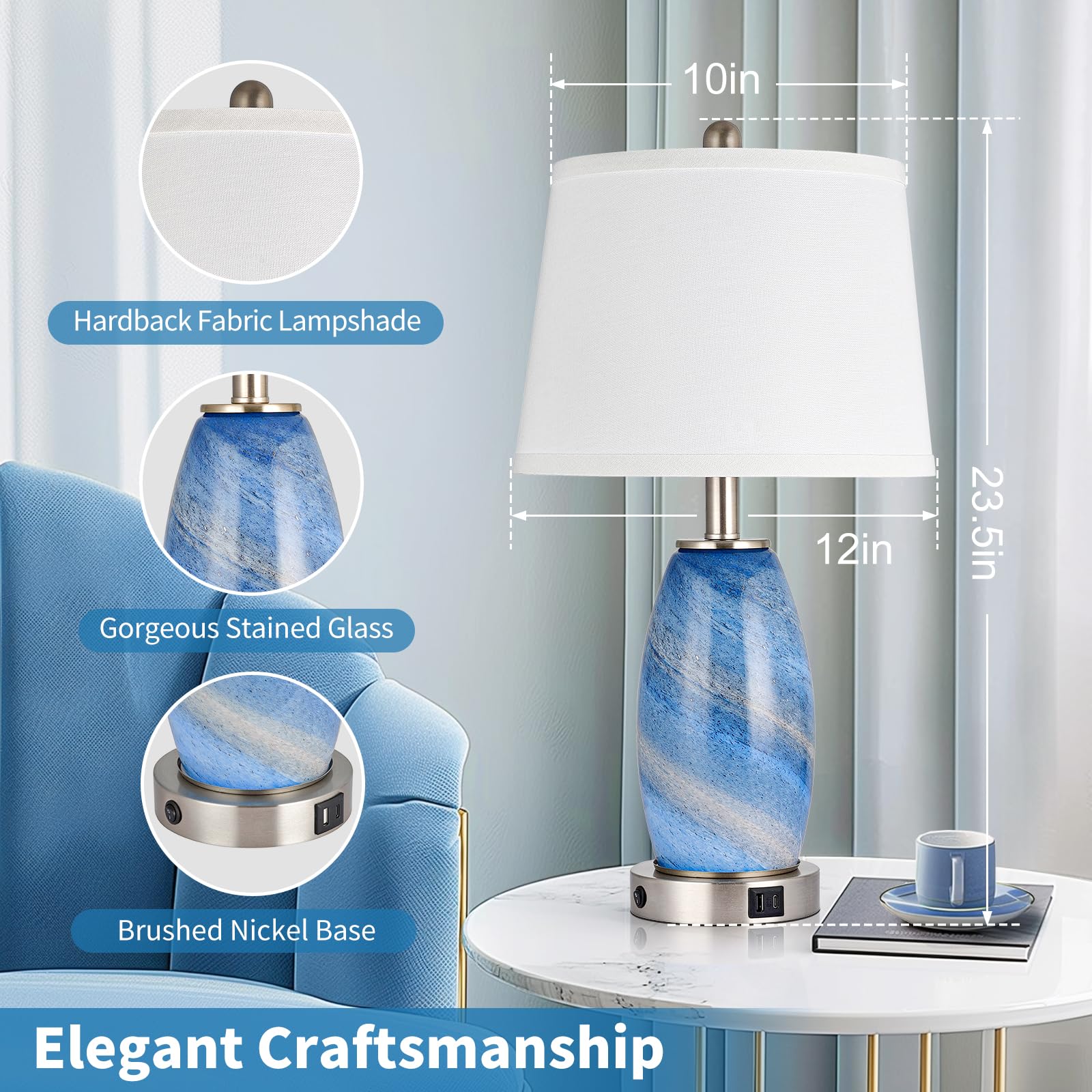 Blue Lamp For Bedroom & Bedside With 3-Way Lighting Modes & Usb C+A - Modern Style Glass Nightstand Table Lamp For Living Room & Bedroom Decoration (23.5 H)