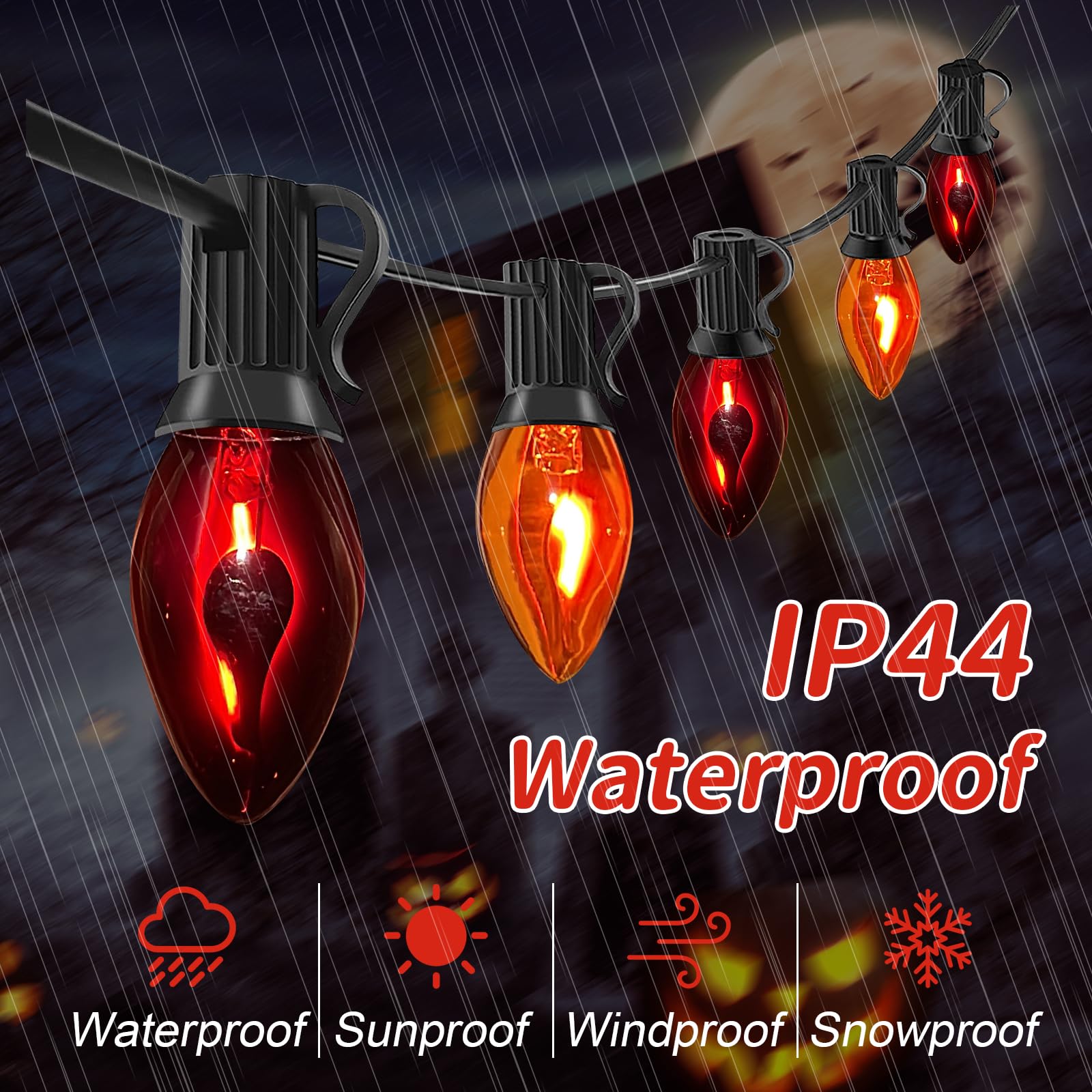 Doratale Halloween C7 String Lights, 25FT, Waterproof, 27 Flame Bulbs, Orange/Purple Flame, Ideal for Outdoor Party Decor