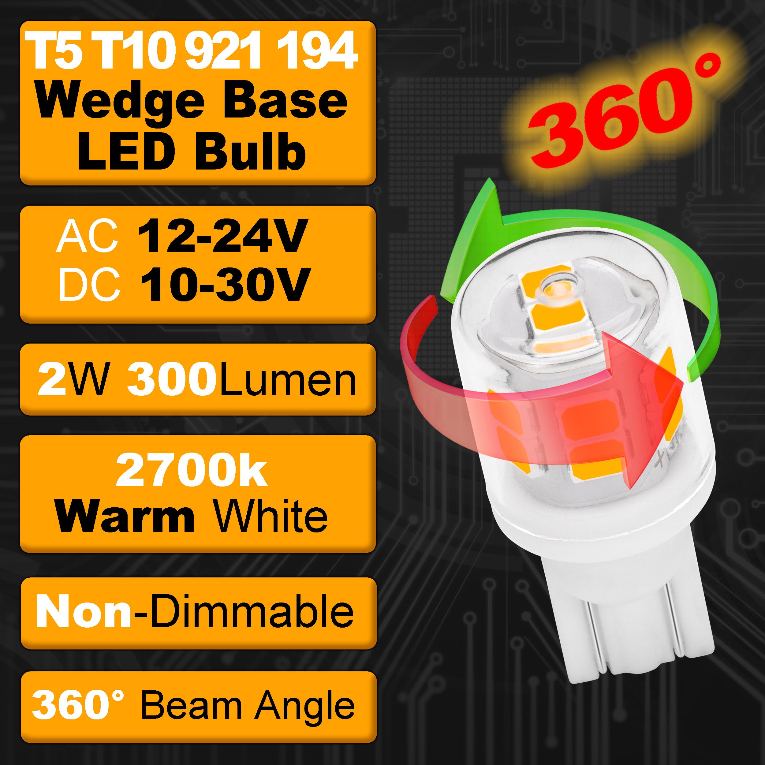 Hylroe Low Voltage T5 T10 Led Bulbs 2 Watt Equivalent 11W 18W Warm White 2700K 300 Lumen Ac/Dc 12-24V 921 194 Wedge Base Led Bul