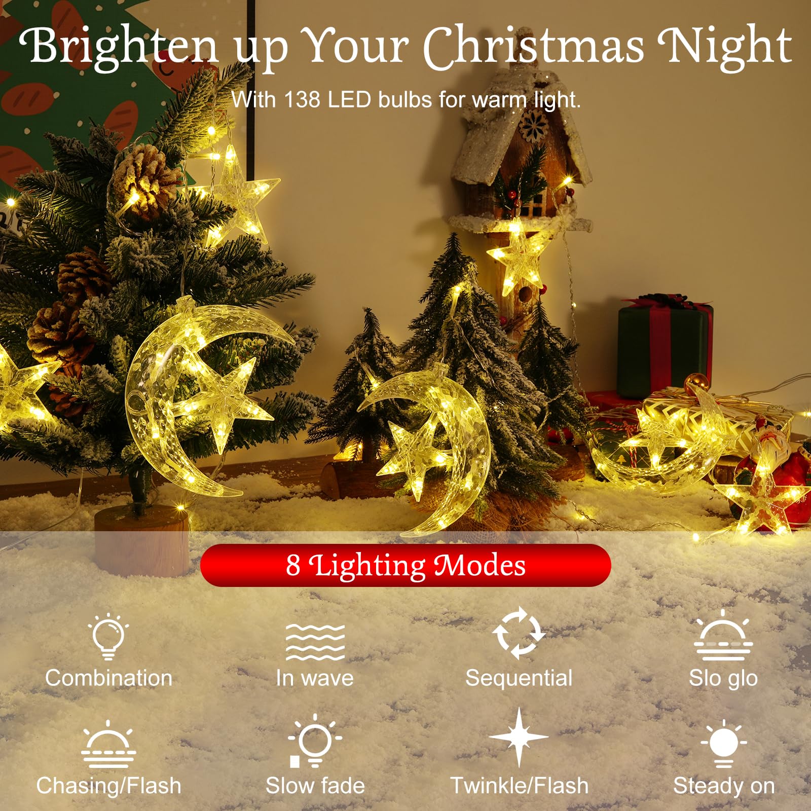 Lewondr 138 Led Star Moon String Curtain Lights,Hanging Fairy Lights With 6H Timer & 8 Modes,Usb & Remote Control Ramadan String Lights For Christmas Bedroom Wedding Party Xmas Indoor Decor,Warm Light