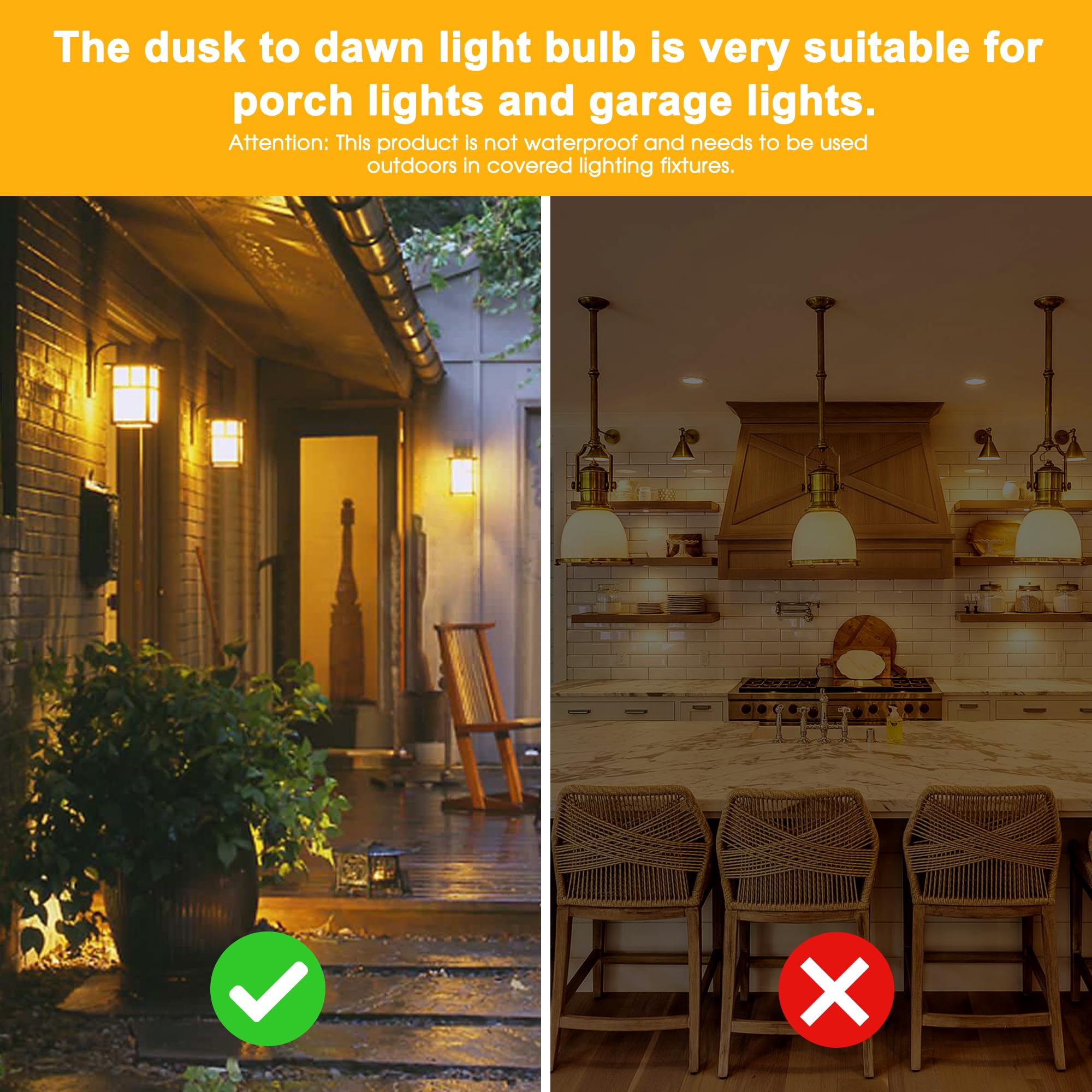 Evastary Yellow Bug Light Bulbs Outdoor, Dusk To Dawn A19 Led Bulb For Porch Lights Outside, 6W(40W Equivalent) Auto On/Off Ambe