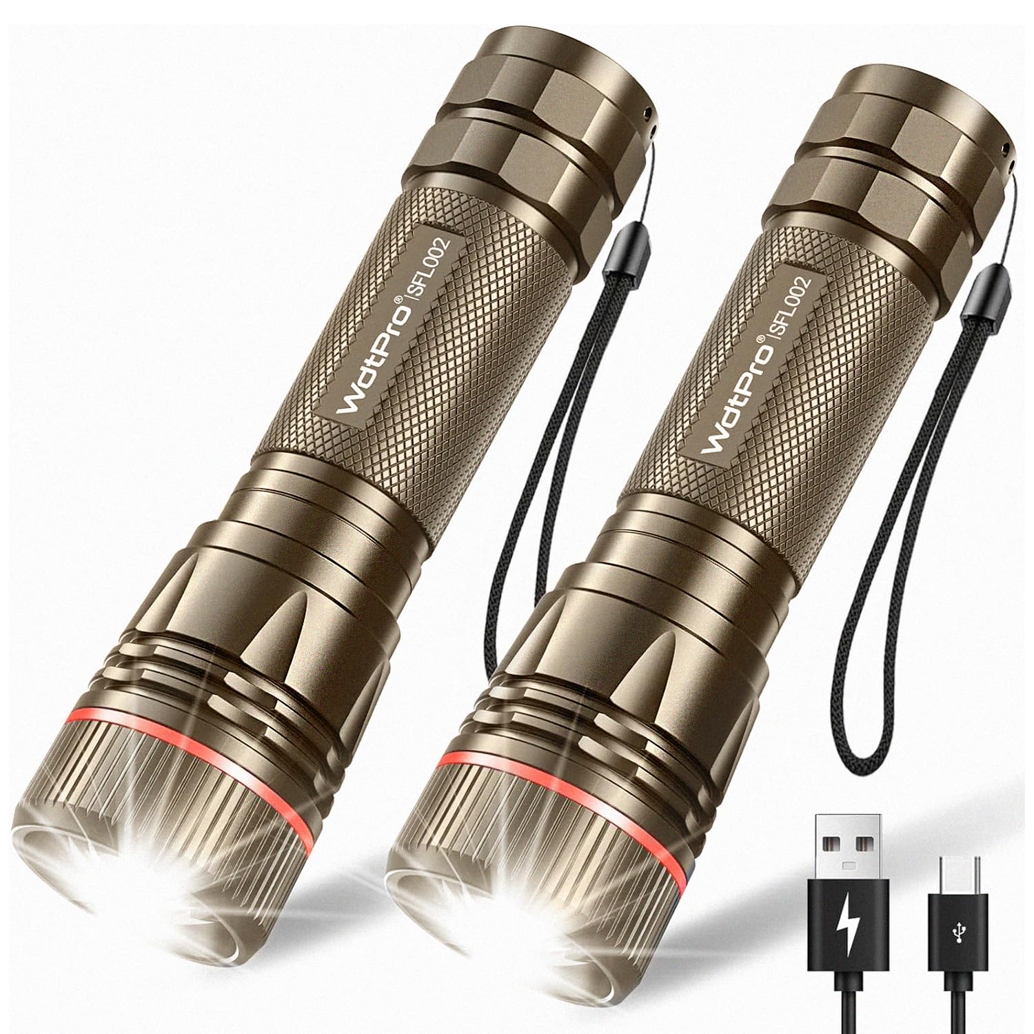 WdtPro Rechargeable Flashlights, LED Mini Tactical, 10H Runtime, 2 Pack, Brown, Aluminum, Model SFL002