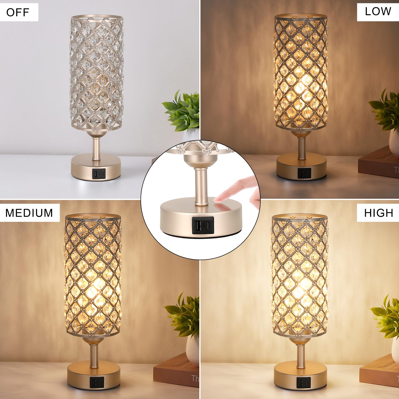 Crystal Table Lamp With Usb C+A Ports, 3 Way Dimmable Touch Lamp With Crystal Shade, Champagne Gold Bedside Nightstand Small Lam