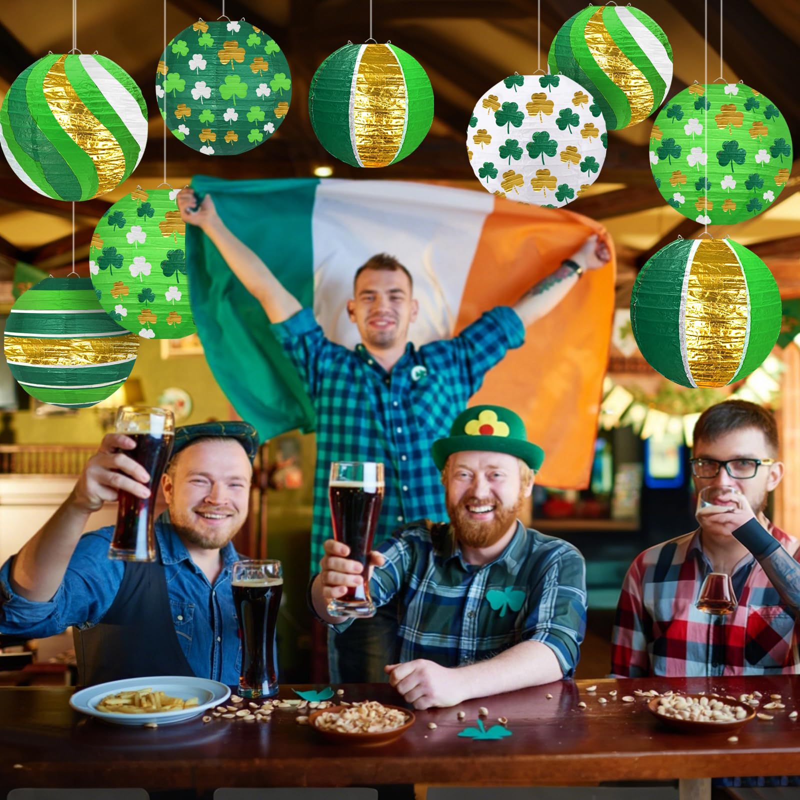 Adlkgg St Patrick'S Day Paper Lanterns Party Decorations, Green Four-Leaf Clover Printed Hanging Round Paper Lanterns For Irish