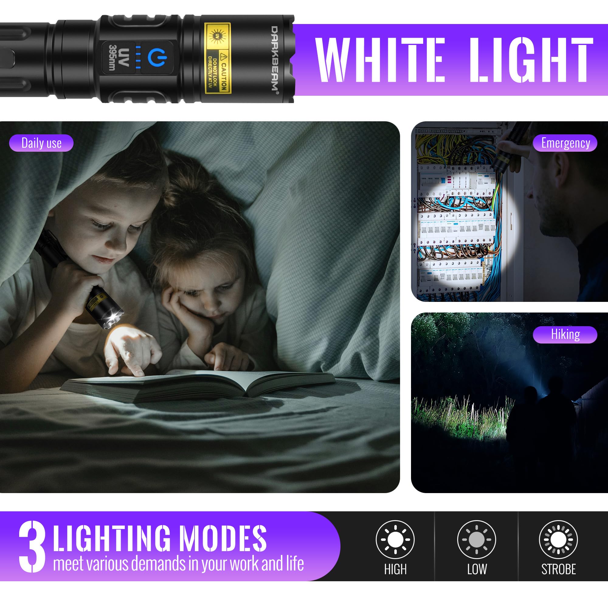 DARKBEAM UV Flashlight A900-W+395, USB Rechargeable Blacklight, Pocket-size, LED White + UV 395nm, Super Bright for Camping & Detection