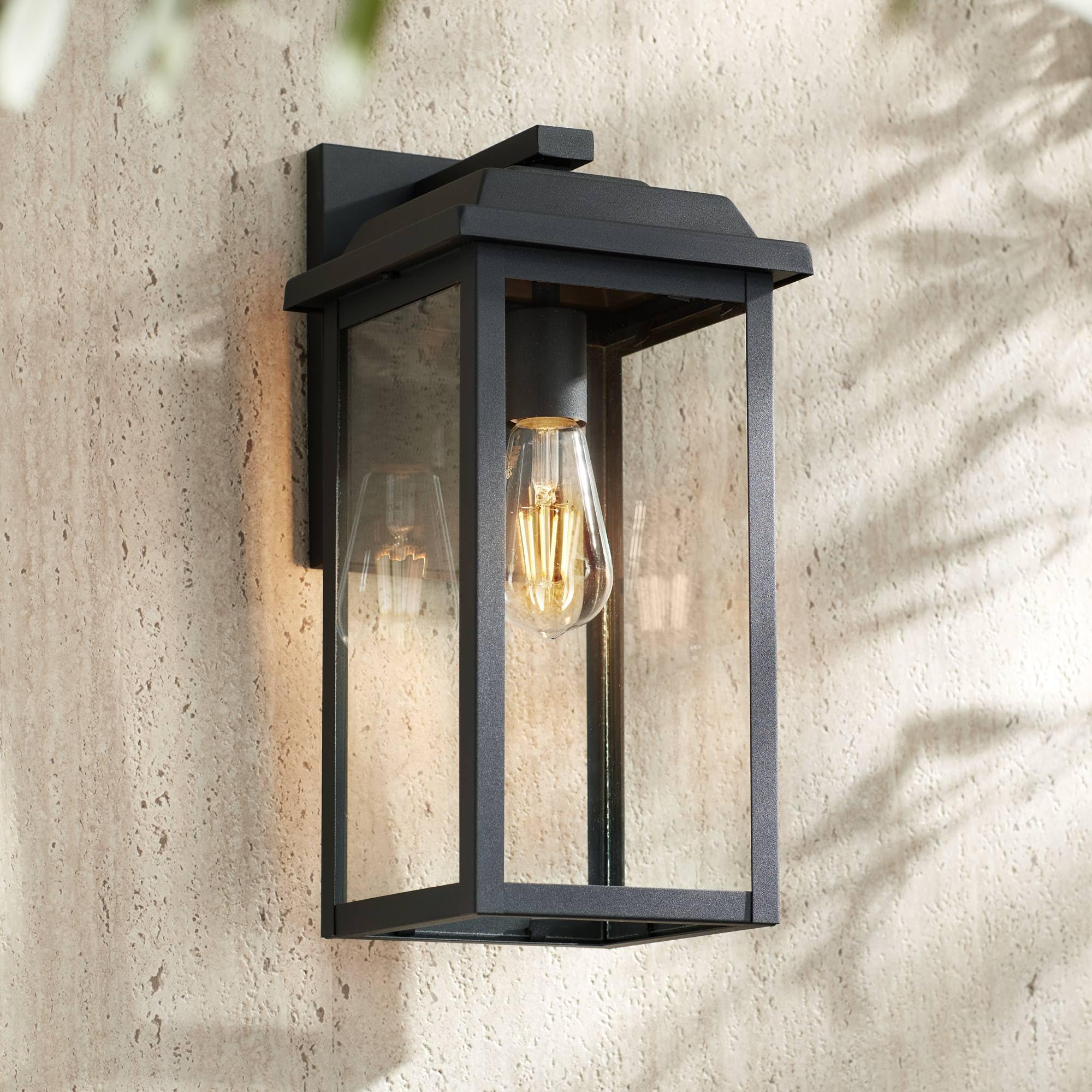 John Timberland Outdoor Wall Light Fixture, Textured Black, 15.25in, Clear Glass Panels, Model 10-2101-206 TEX BLK