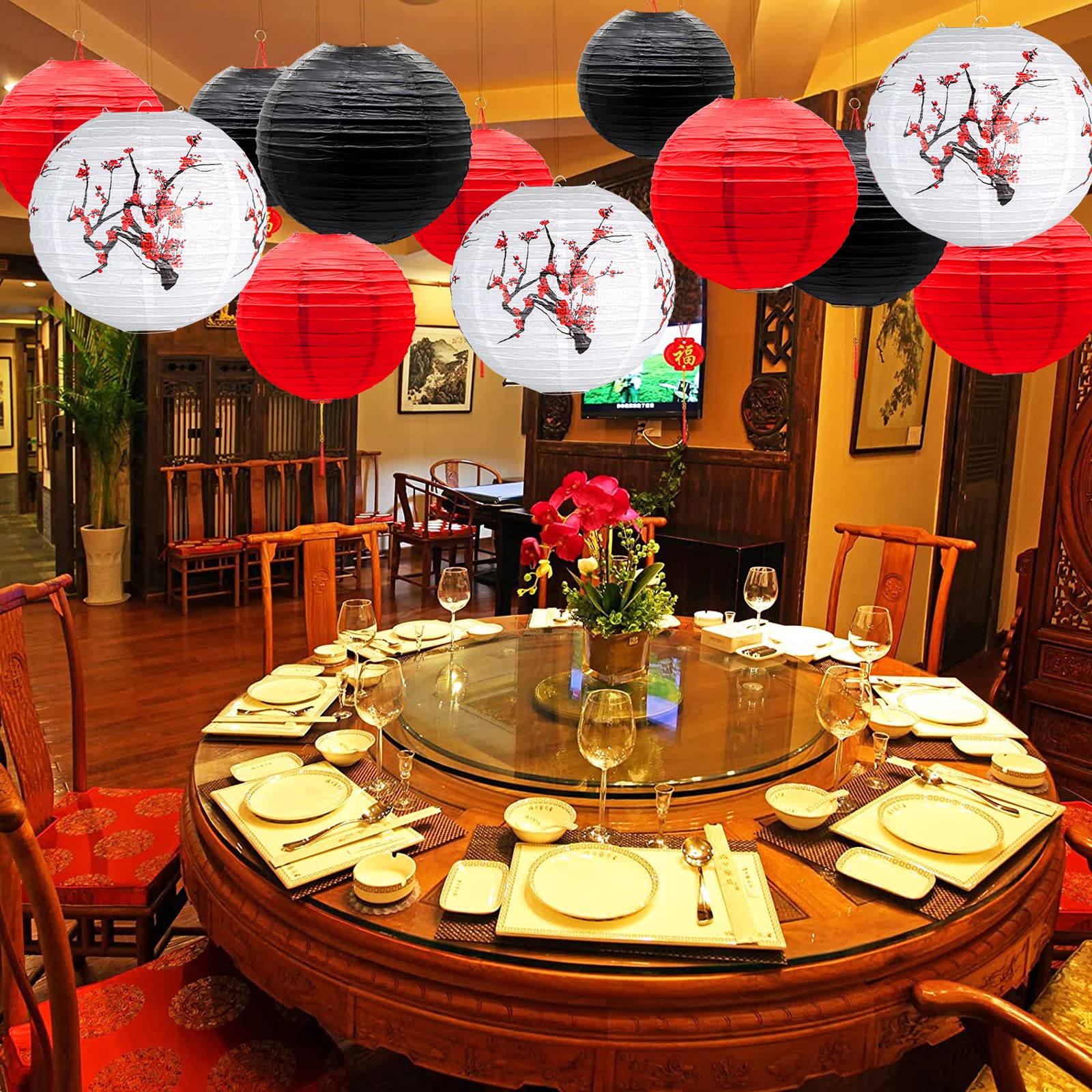Kaxixi Chinese Japanese Paper Lanterns, Hanging Cherry Plum Blossom Round Party Lanterns For Oriental Restaurant Wedding Birthday Party Mid Autumn Festival Decorations