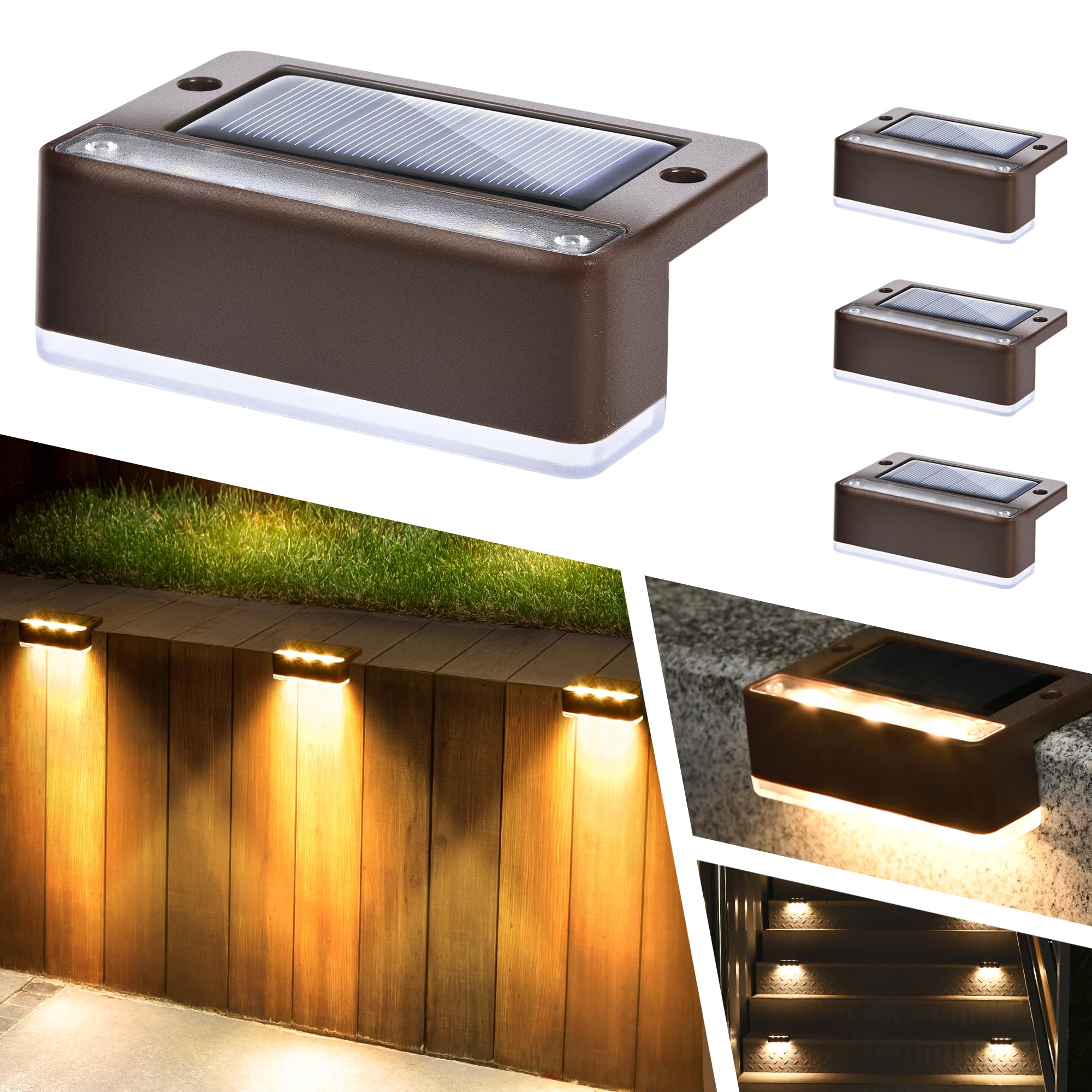 SOLPEX Solar Fence Lights, 6 LEDs, Waterproof, IP65, Warm White, 4 Pack, Brown, Model 8533