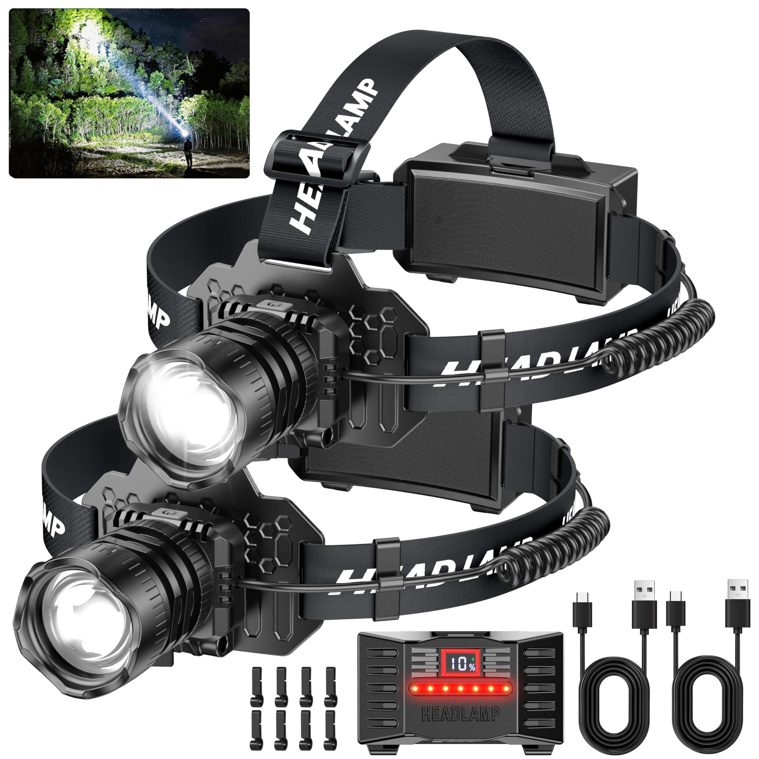 Curtsod Rechargeable LED Headlamp 2-Pack - 99000 Lumens Super Bright with Motion Sensor & 90 Rotation - Waterproof Headlight for