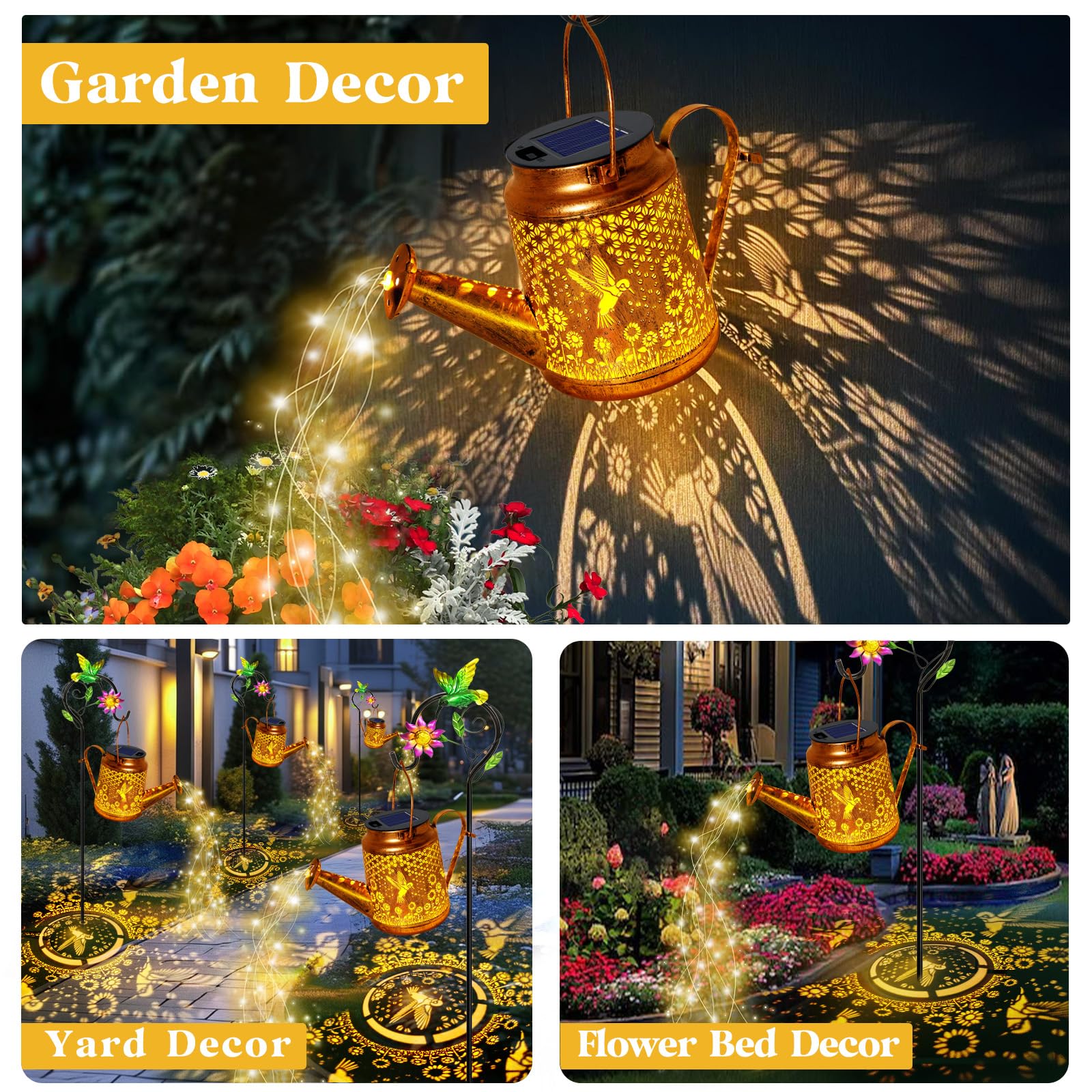 yulloyello Solar Watering Can Lights, Hummingbird Design, Metal, Waterproof Garden Decor, Model XSH6546