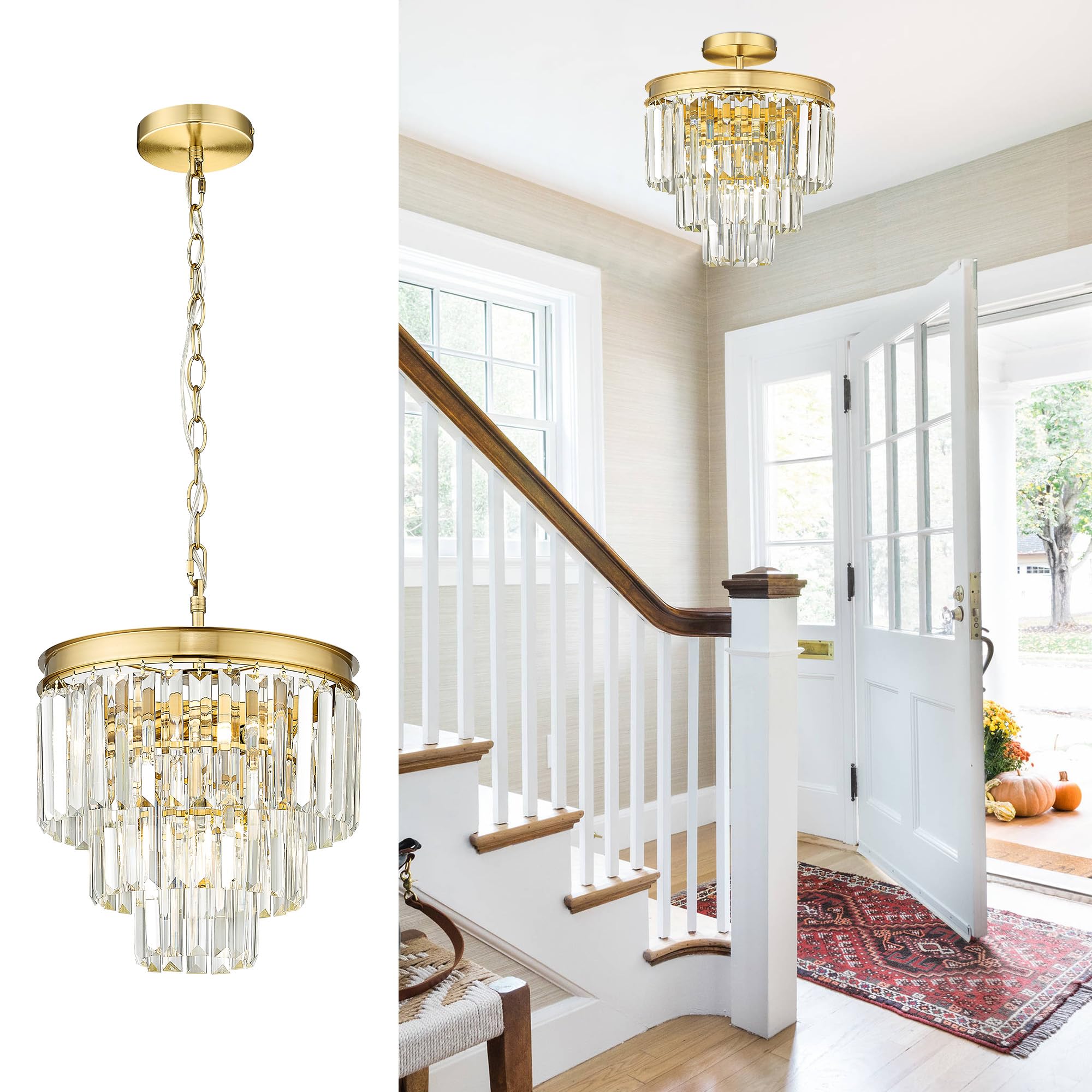 3 Tier Gold Crystal Chandeliers, 12 Inch Modern Chandelier Light Fixture, Pendant Lighting Fixtures for Kitchen Island, Vintage 