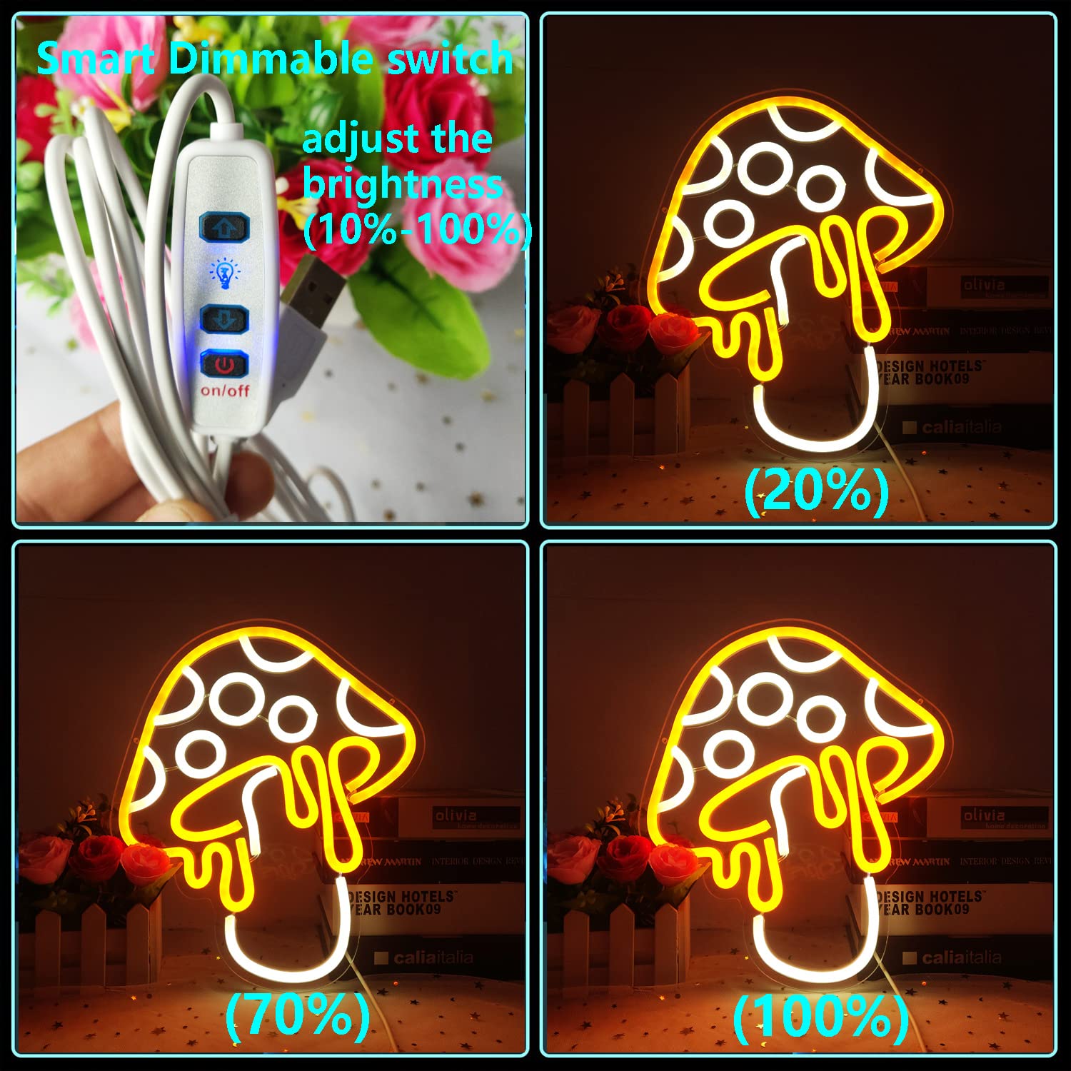 Ajoyferris Dimmable Mushroom Neon Sign - Cute Led Night Light For Kids' Room Decor