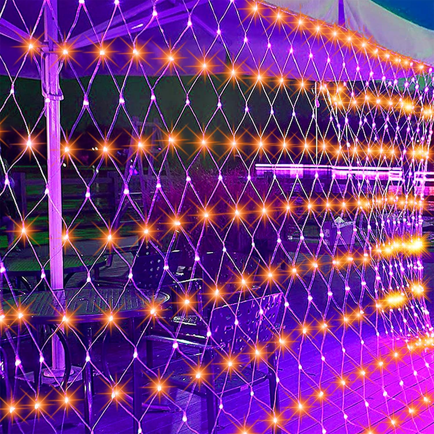 WATERGLIDE 12FT x 5FT Outdoor Halloween Net Lights, 360 LED Fairy String Light, 8 Modes, Orange & Purple