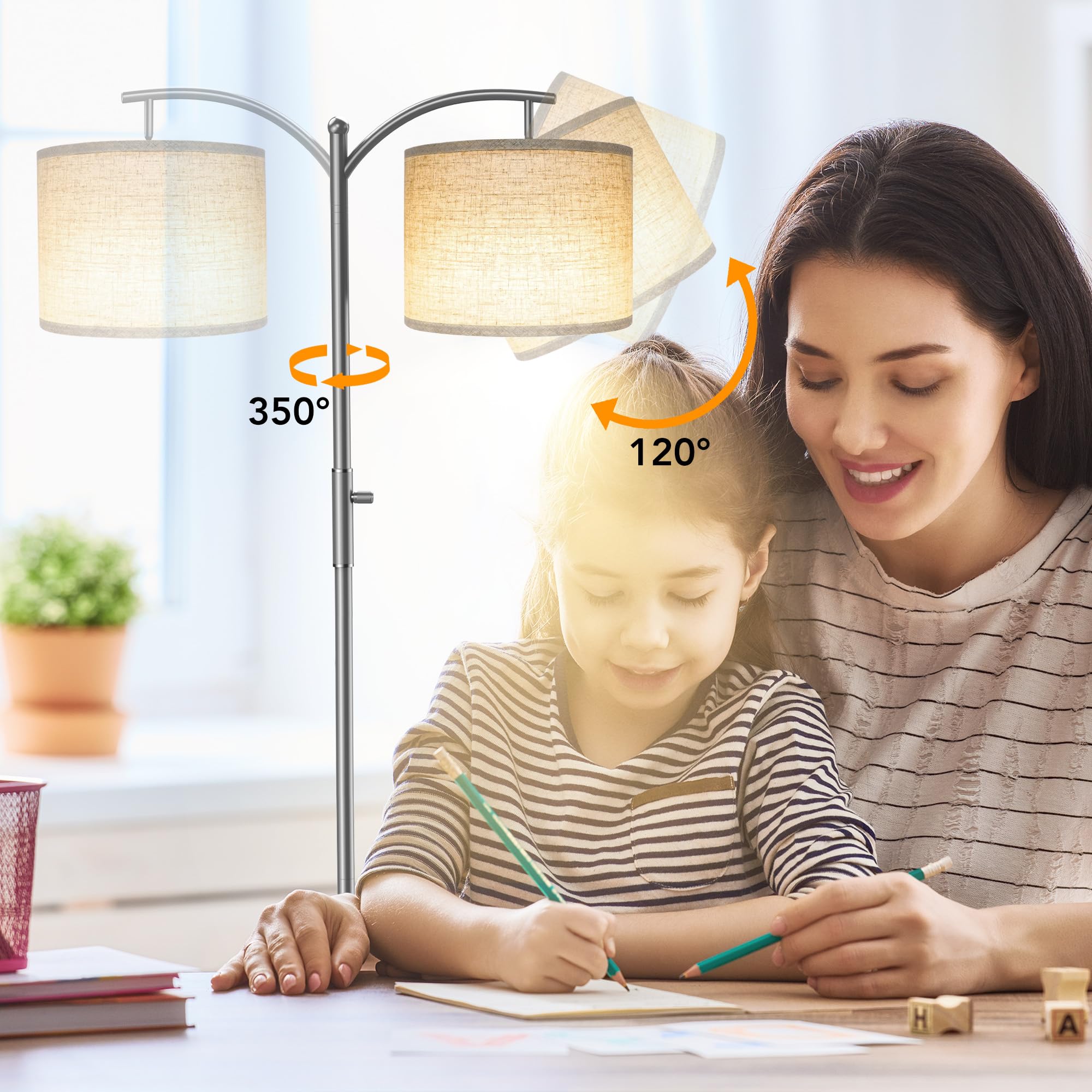 Rottogoon Dimmable Floor Lamp, Arc Floor Lamps For Living Room, Stepless Dimming Modern Standing Lamp With Linen Shade, Tall Lam