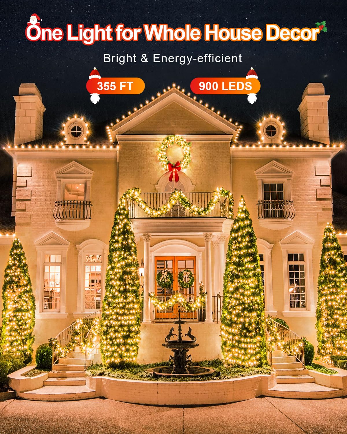 JIXXULVU 355FT 900 LED Outdoor String Lights, Warm White, Waterproof, Timer & Memory, 8 Modes, PVC/Copper Wire, Model 300L