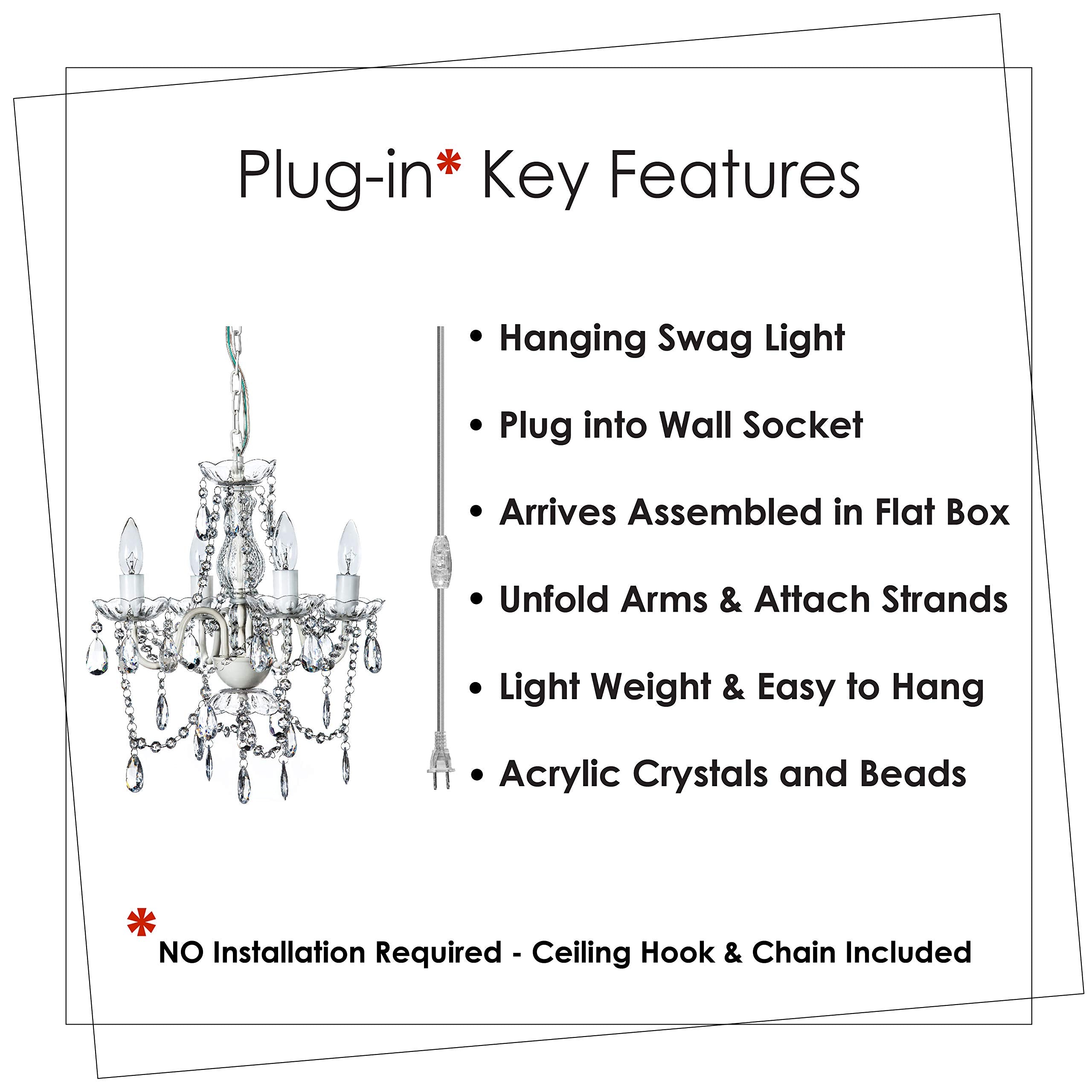 Gypsy Color 4 Light Plug-In Chandelier, Crystal White, Acrylic Crystals, Metal Frame, Model Gysmclp, H17.5”Xw15”