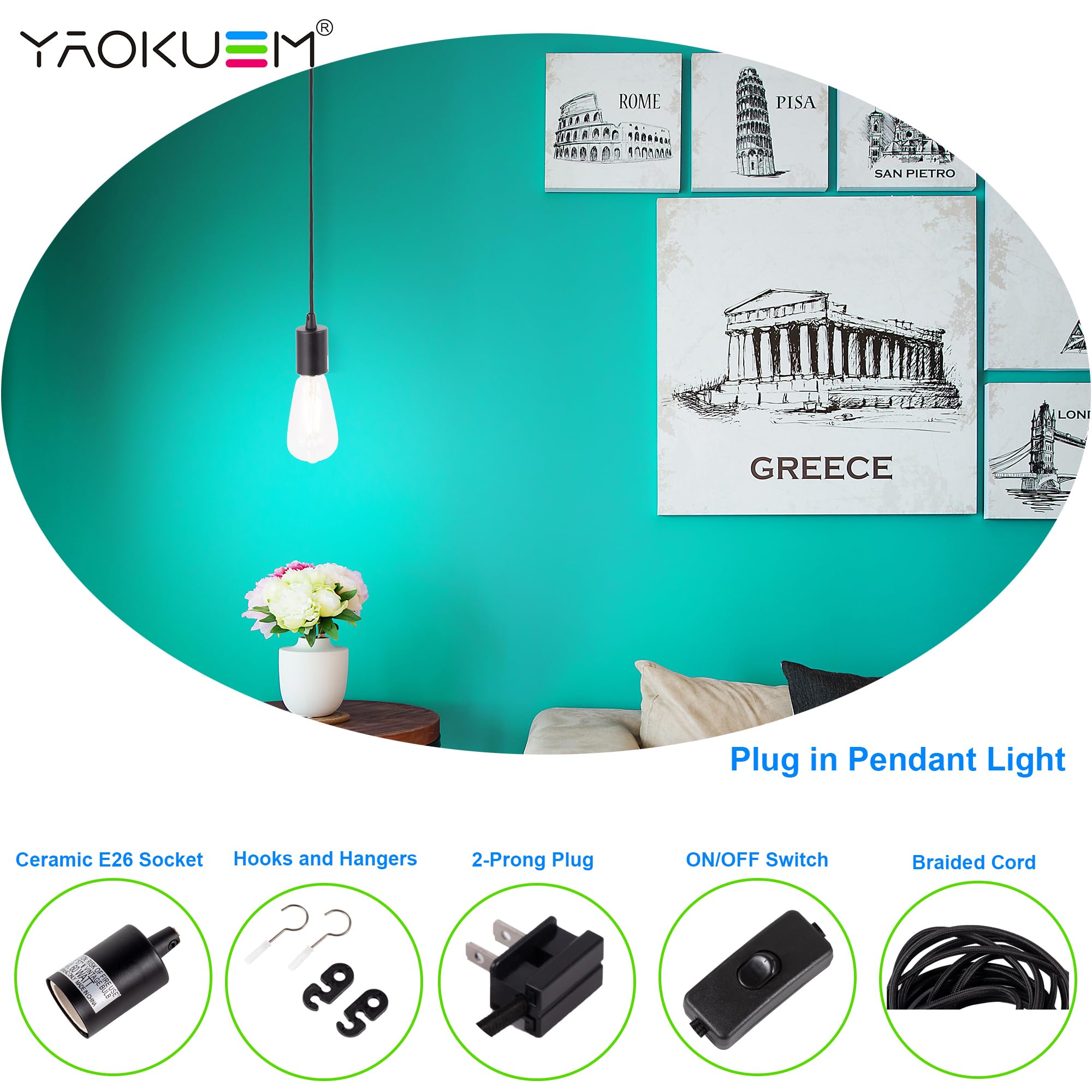 Yaokuem Pendant Lighting, Plug In Hanging Light Kits With On/Off Switch, 15 Feet Cord Kit, Bulb Not Included, Black, 3 Pack