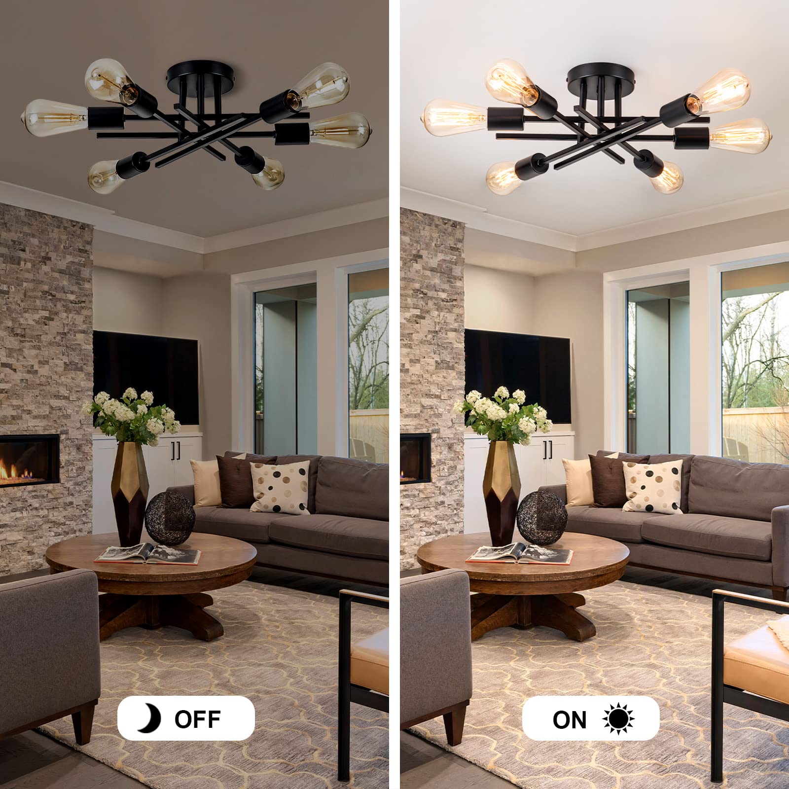 Brknit 6-Light Sputnik Chandelier - Modern Semi Flush Mount Ceiling Light For Kitchen & Living Room