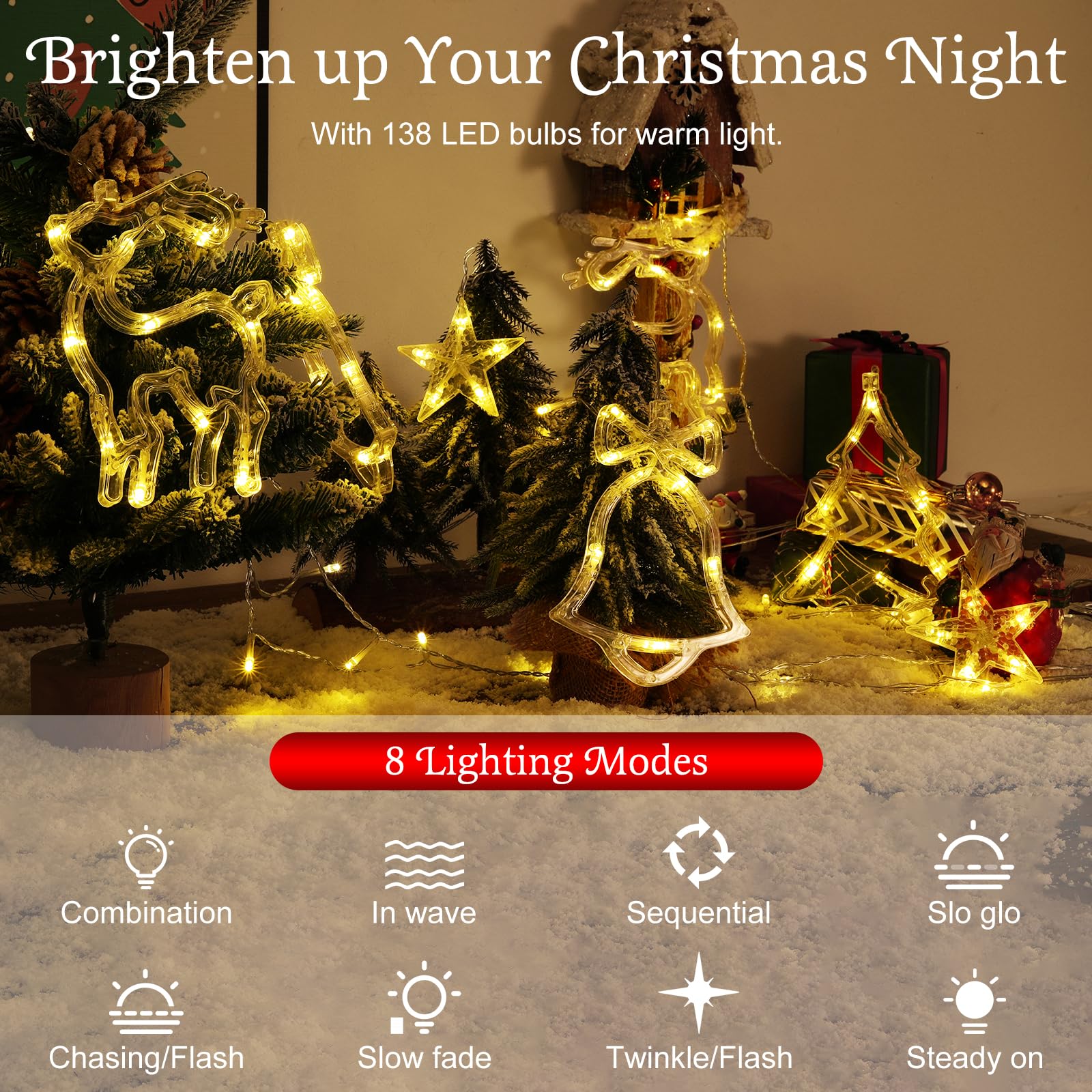 Lewondr Reindeer Bell Christmas Curtain Lights, 138 Led Christmas Tree Hanging Home Lights With 6H Timer & 8 Modes, Usb Powered Fairy Lights, Xmas Decor For Home Party Indoor,Warm Light