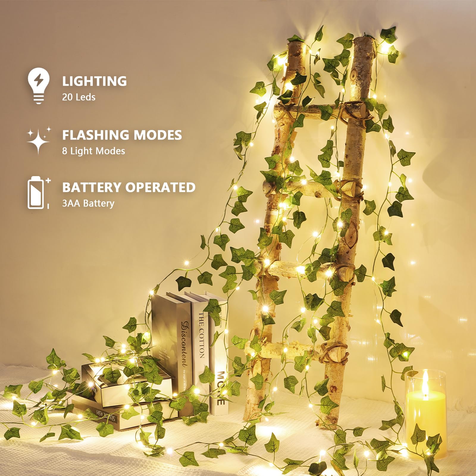 JOLAIQIAN Battery Operated LED Vines with Lights, 6.56ft, 20 Fairy Lights, Green Ivy, 8 Modes, Room and Party Decor, 1 Pack