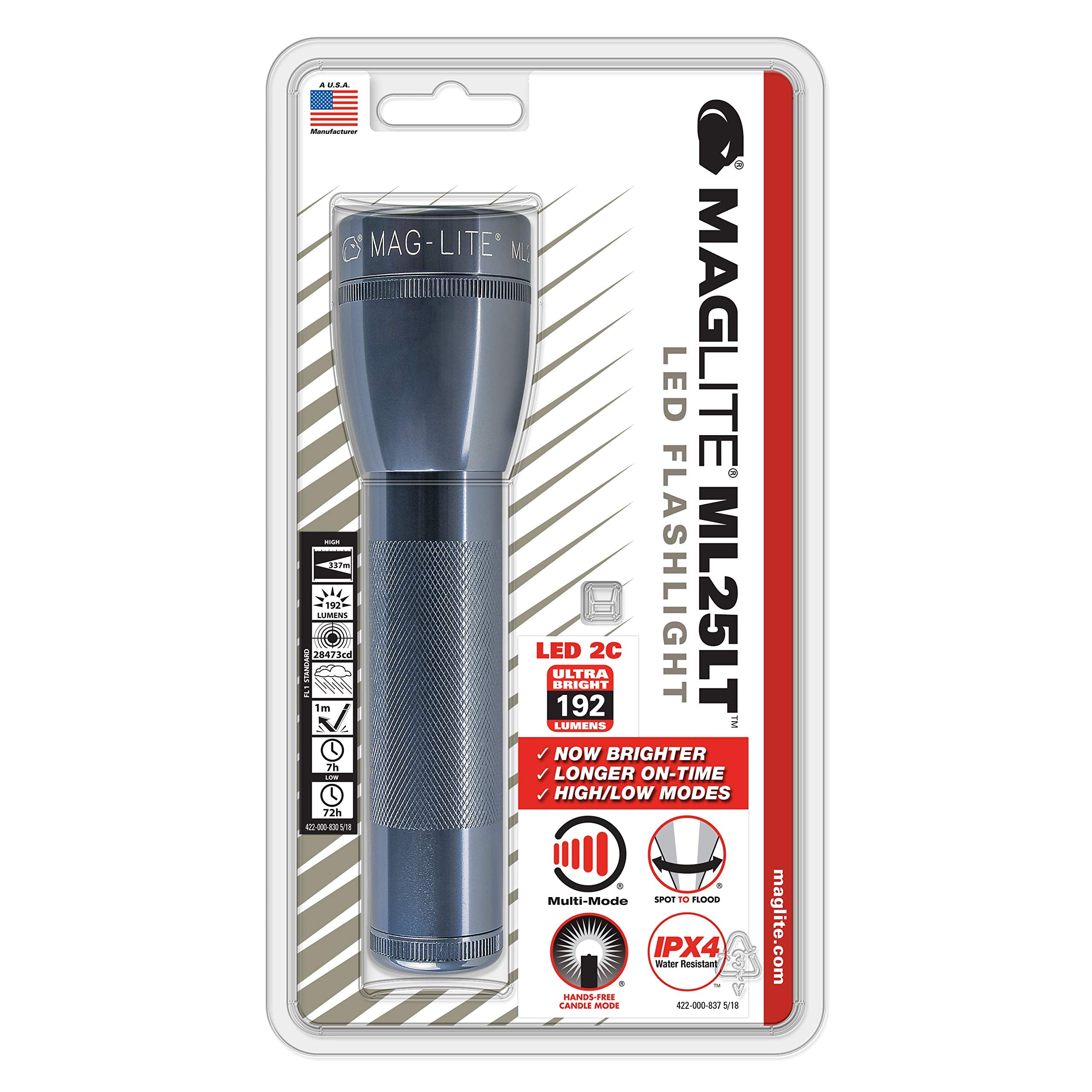 MagLite ML25LT LED Flashlight, 2-C Cell, Aluminum, Gray, Model 188-000-028