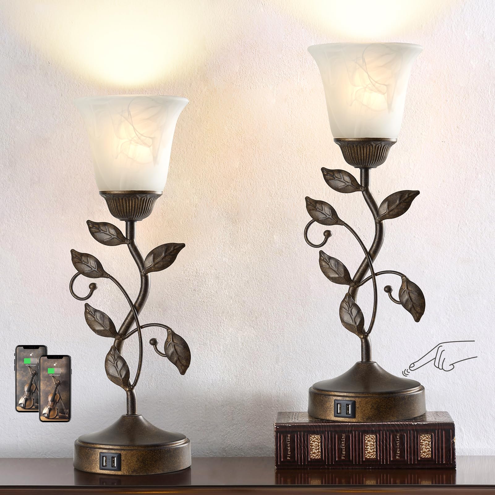Roriano Set Of 2 Touch Farmhouse Bedroom Table Lamps, Nightstand Vintage Flower Lamps With 2 Usb Ports, 3 Way Dimmable Leaf Lamp