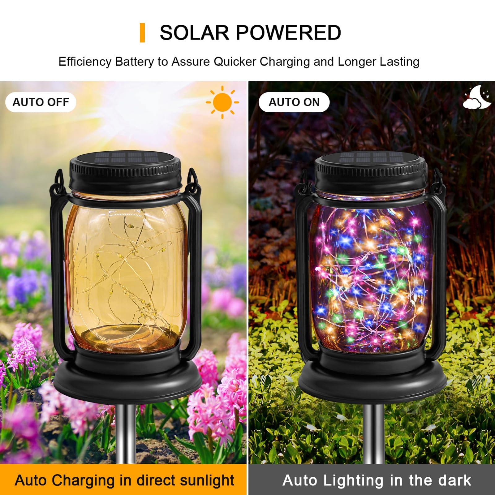 YJFWAL Solar Lantern Lights, 30LED Vintage Glass Mason Jar, Waterproof, 4 Pack, Multicolor