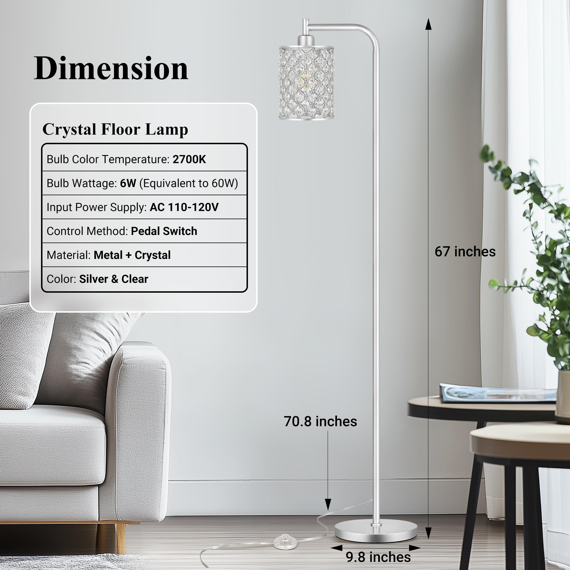 Qimh Industrial Floor Lamp For Living Room, Modern Standing Lamp With Crystal Lampshade Pedal Switch, 67    Tall Lamp For Bedroo