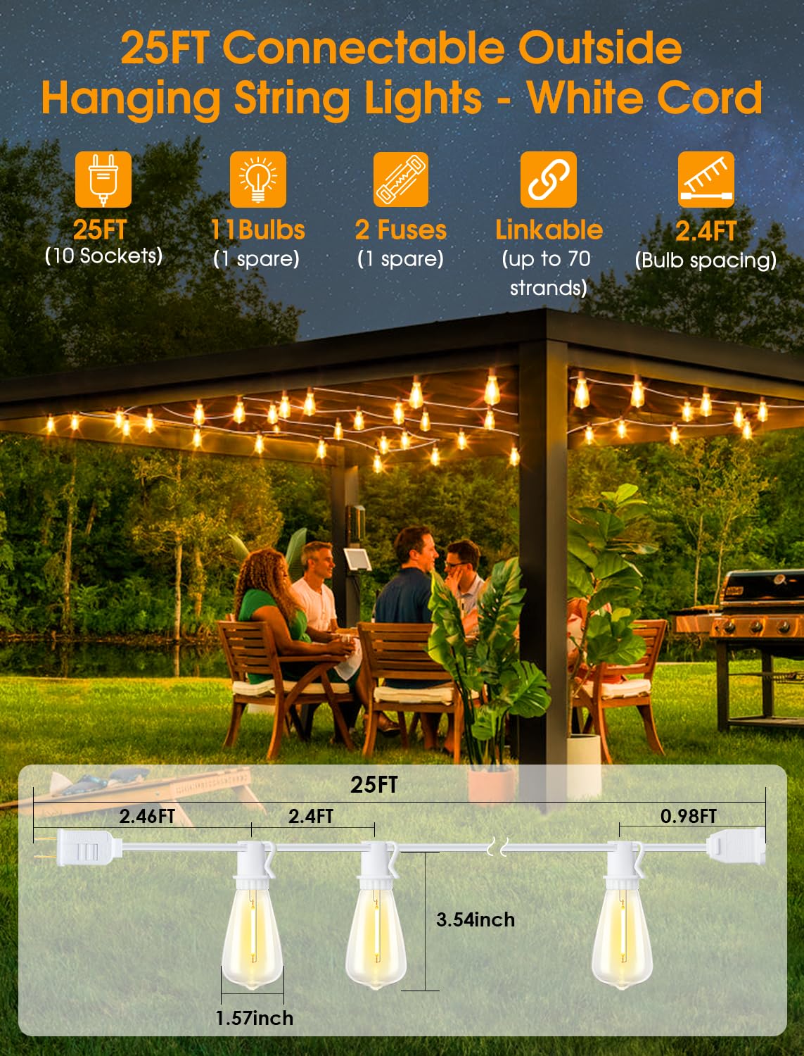 Larkvue 25Ft Outdoor String Lights, Patio Lights With 10+1 2700K Led Dimmable Waterproof Outside Hanging St38 Edison Bulbs For B