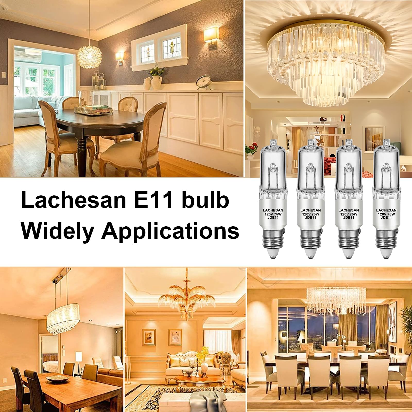 Lachesan Jde11 120V 50W, E11 Halogen Bulb(Replacement E11 Led Bulb) T4 Mini Candelabra Base, 2700K Warm White Dimmable For Chandeliers, Ceiling Fan, Table Lamps, Cabinet Lighting, 4 Pack