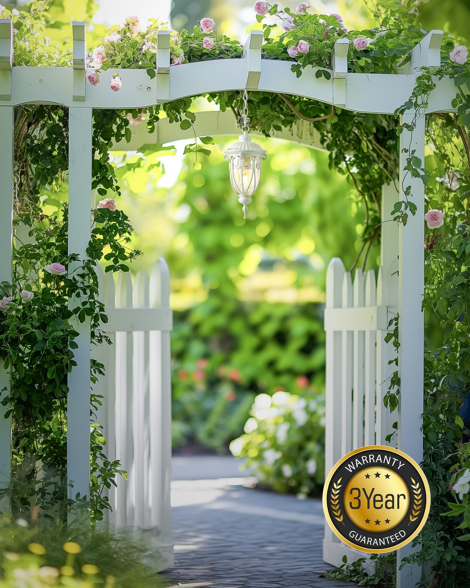 VIANIS Outdoor Pendant Light Lantern - White Modern Chandelier, Handcrafted with Seed Glass, Medium Size for Porch and Garden, Model V83231WH