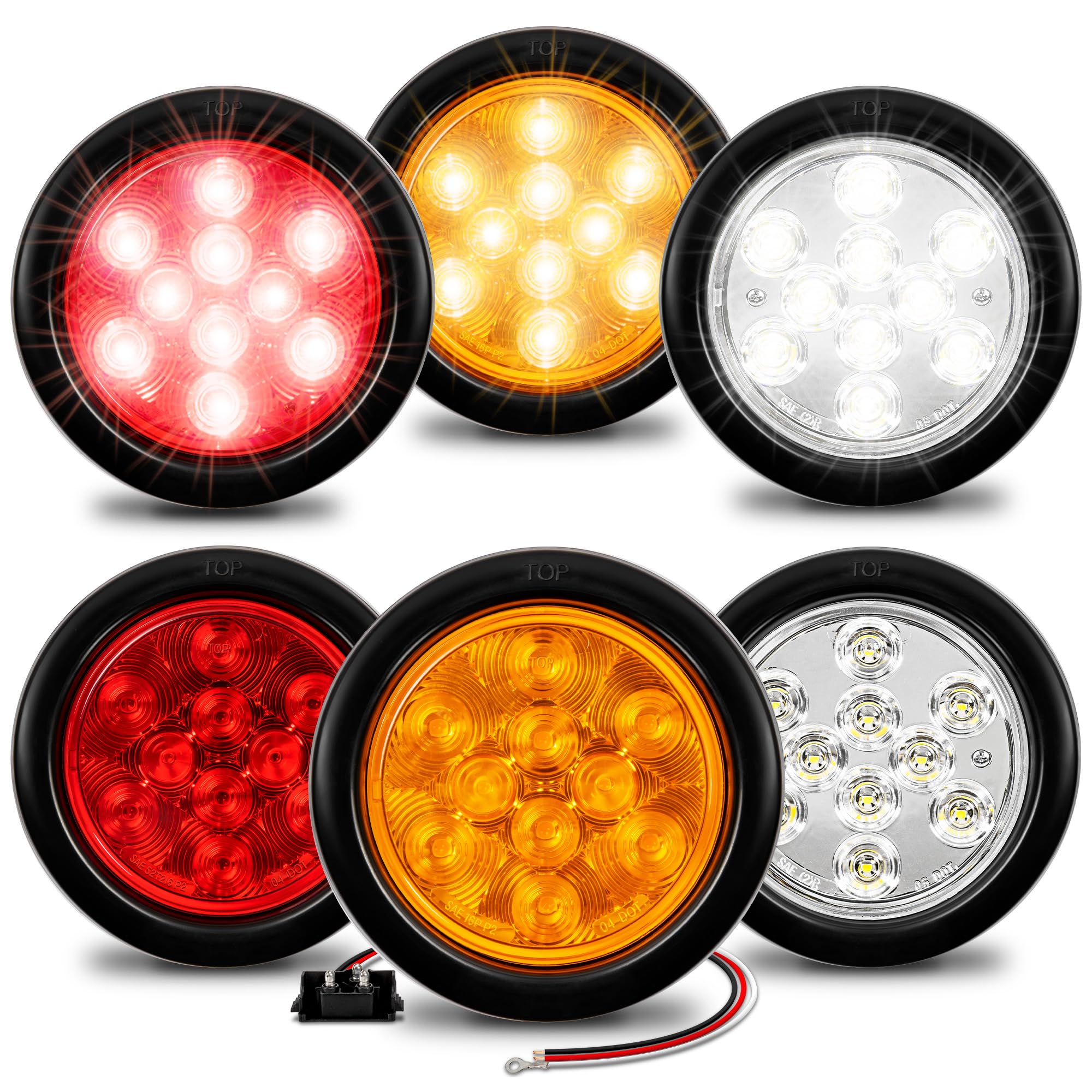 True Mods 2 Red + 2 Amber + 2 White 4'' Round 10Led Trailer Tail Light Kit Dot Certified [Grommet & Plug] Ip67 Waterproof Stop B
