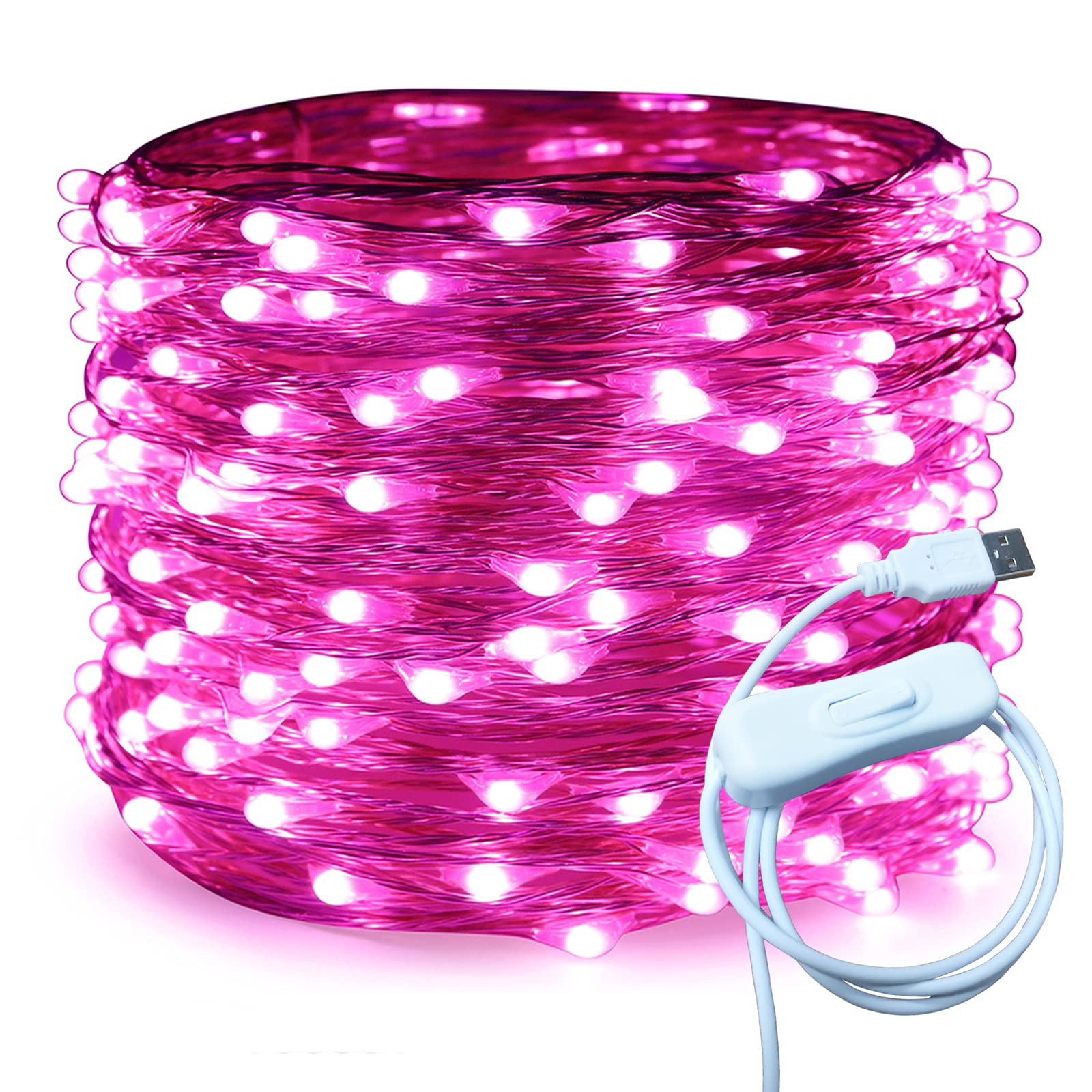 RUICHEN Silver Wire 66 Ft 200 LED USB Fairy String Lights with On/Off Switch (Pink)