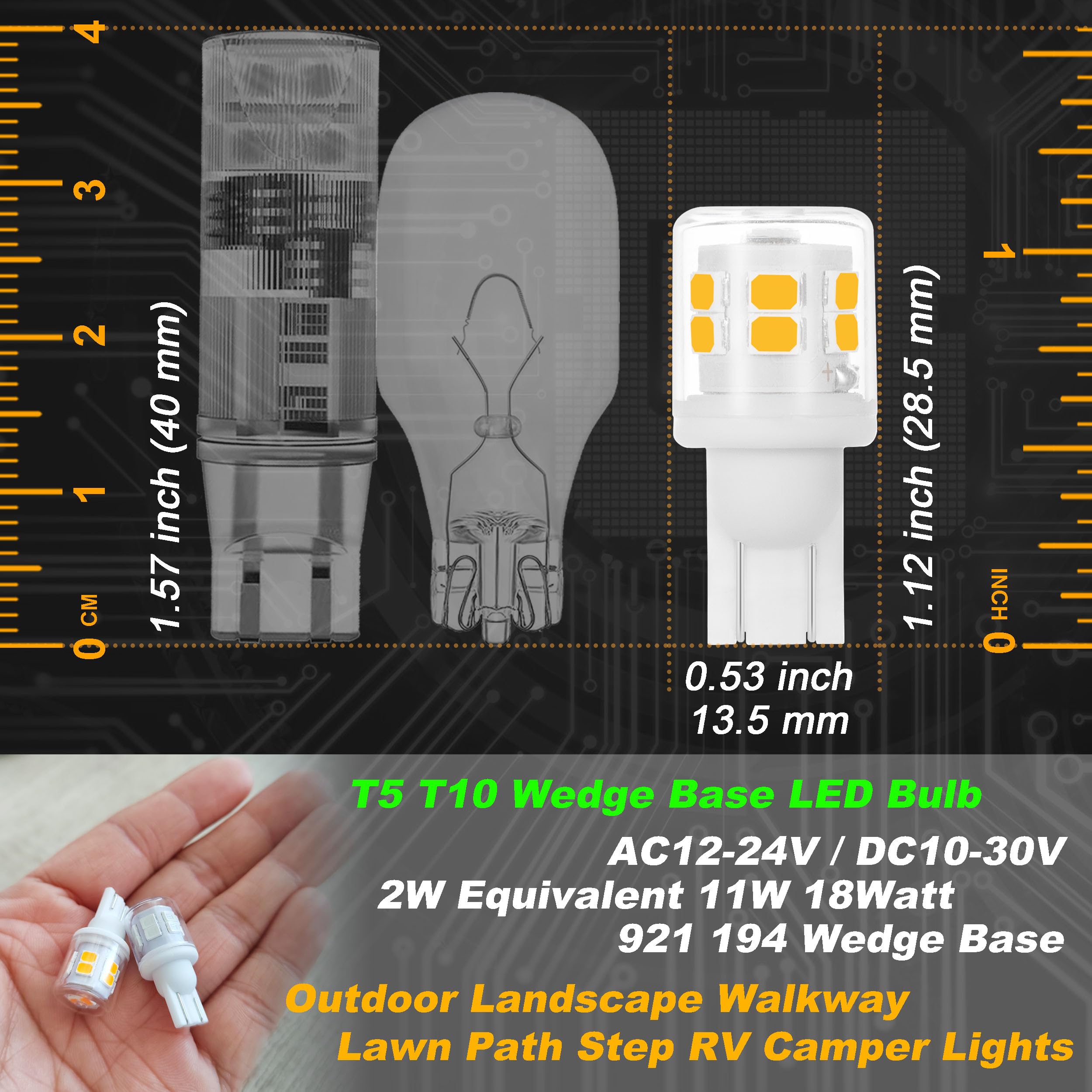 Hylroe Low Voltage T5 T10 Led Bulbs 2 Watt Equivalent 11W 18W Warm White 2700K 300 Lumen Ac/Dc 12-24V 921 194 Wedge Base Led Bul