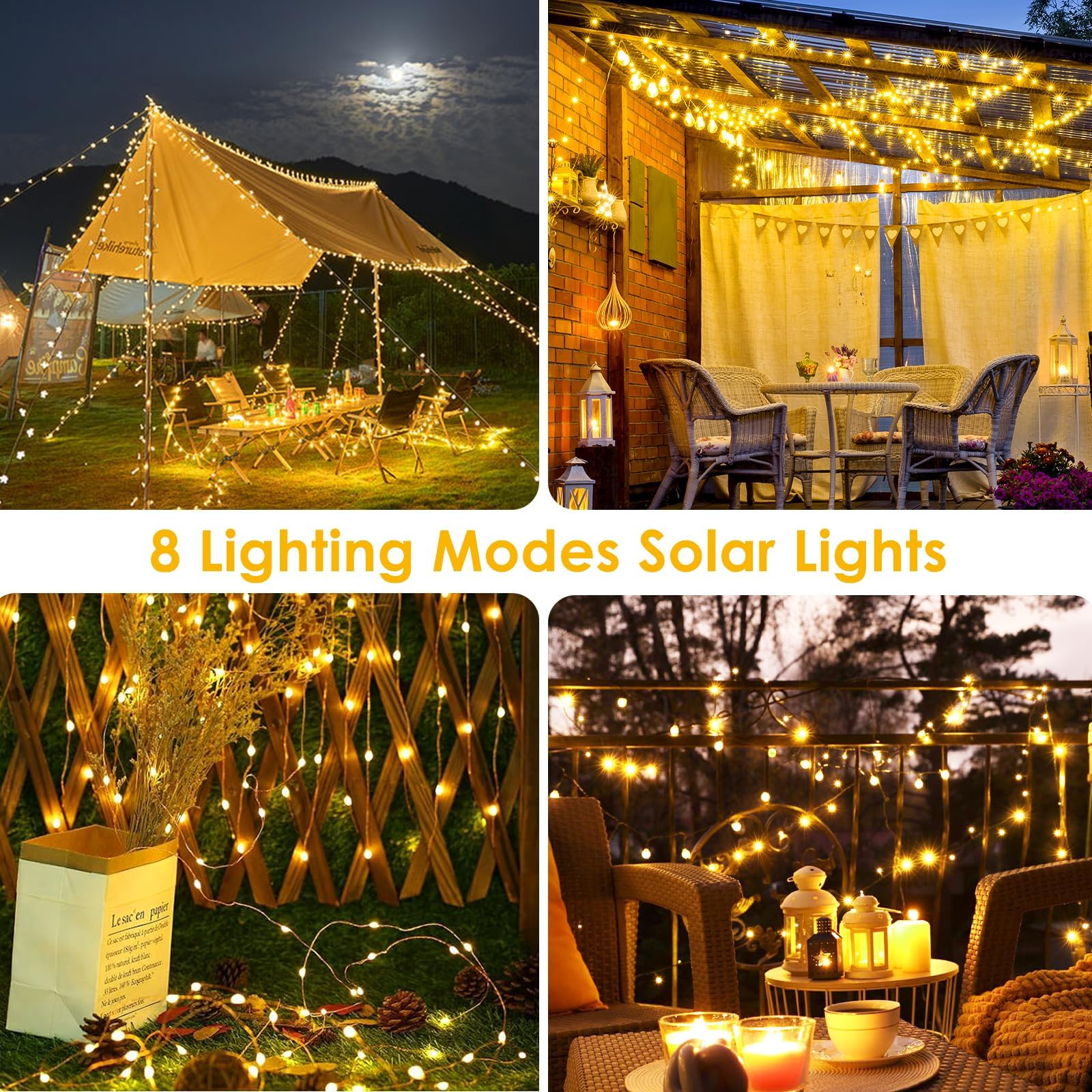 SANJICHA 2-Pack Solar String Lights, 200LED Waterproof Fairy Lights, Warm White, 8 Modes for Outdoor Xmas Party Wedding Decor