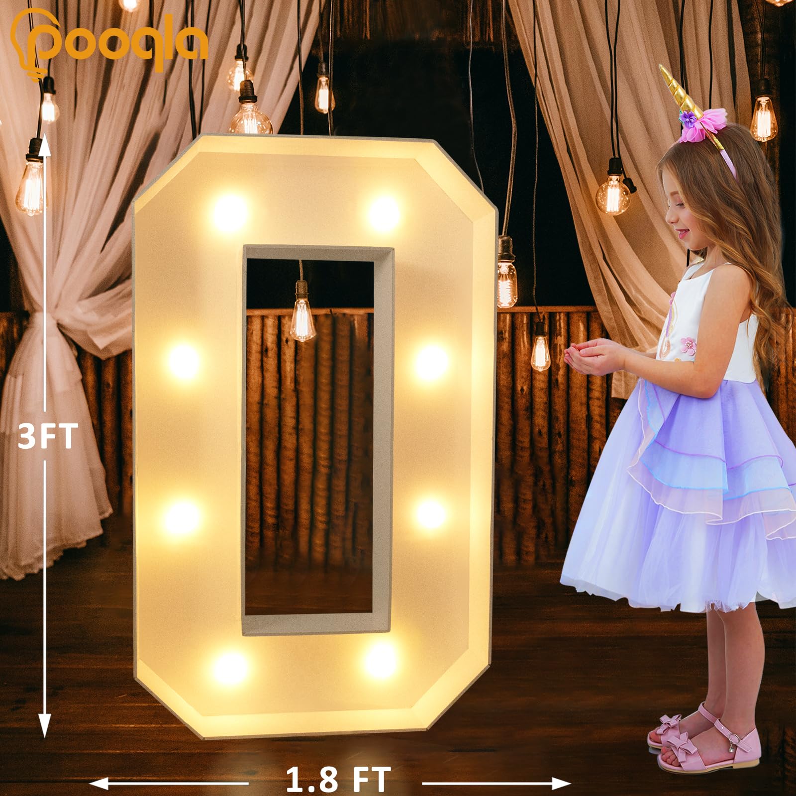 Pooqla LED Giant Lighted Marquee Number 0, 3FT Plastic Decoration for 10th Birthday, Anniversary, Wedding Party