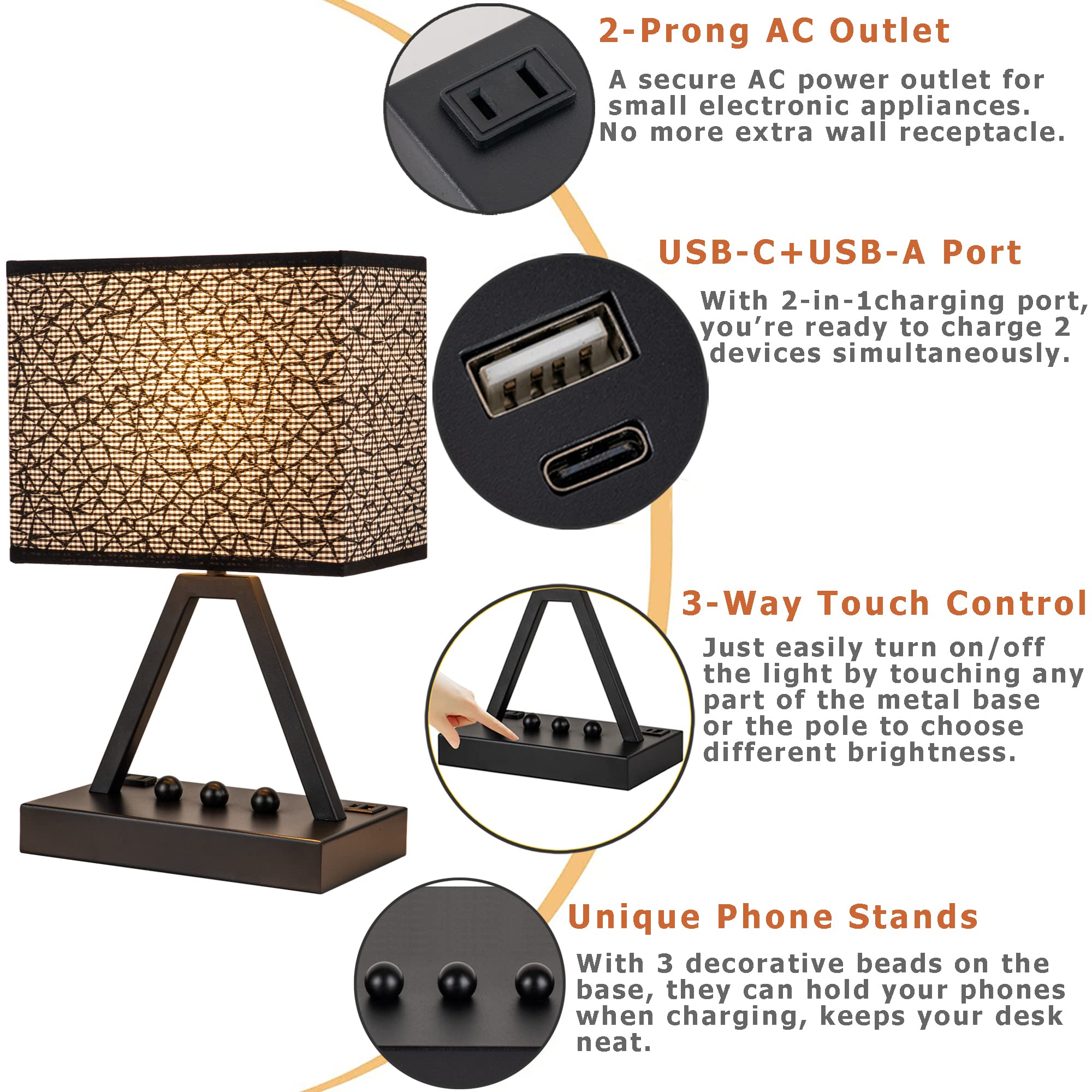 Briever USB C Touch Control Table Lamp, 3-Way Dimmable, Black Shade, Metal, LED Bulb Included