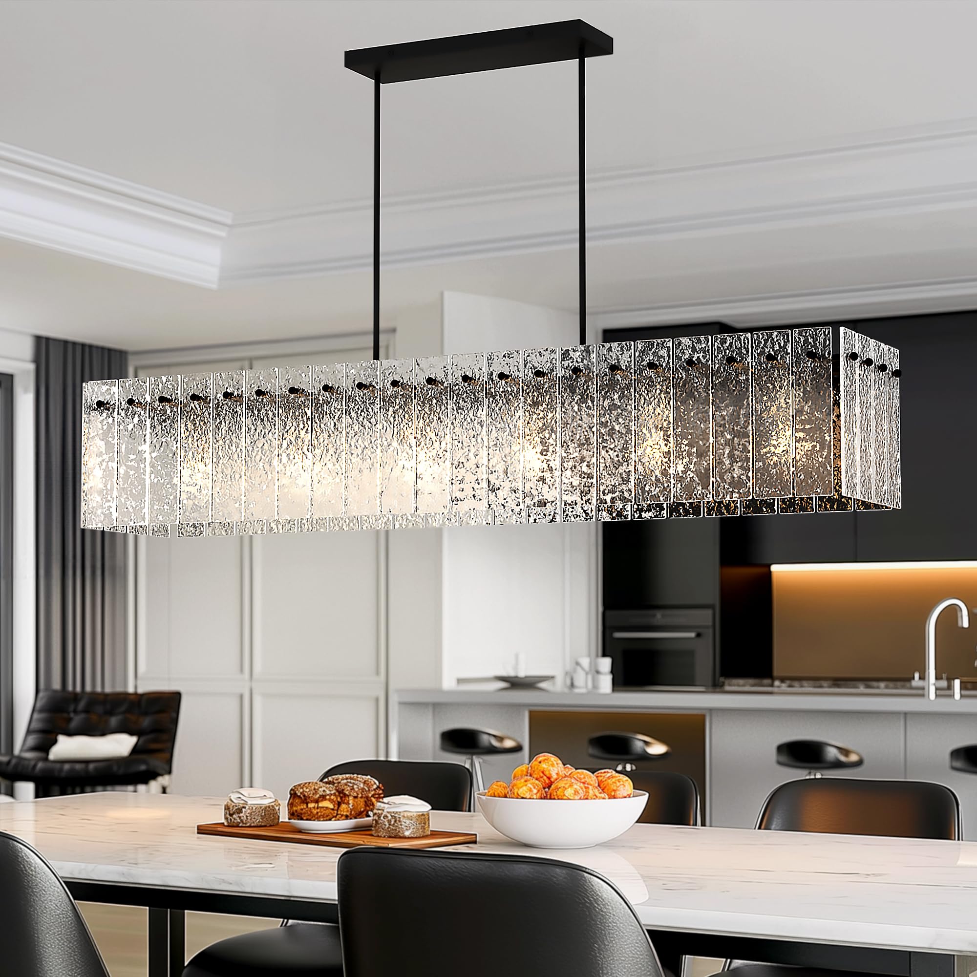 Danshinro 4FT Chandelier - Black Linear Crystal Design, Metal, Clear Black, Model L22, 6x MAX 60W E26 Bulbs (Not Included)