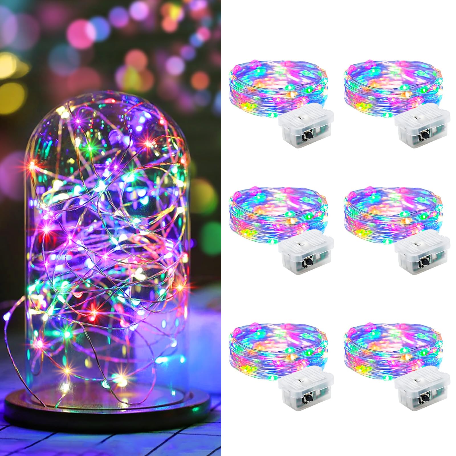 AIKEI 6 Pack LED Fairy Lights Battery Operated  String Lights Waterproof 7 Feet 20 Led Firefly Starry Lamps for Wedding Party Bedroom Garden Halloween Christmas Decoration Colorful
