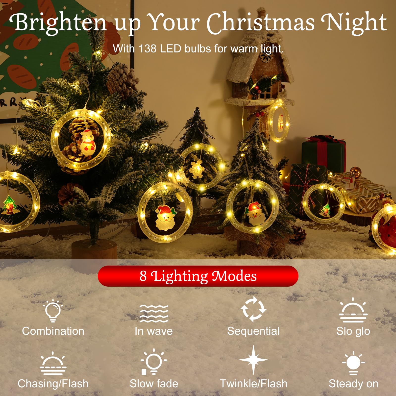 Lewondr 138 Led Christmas Curtain Lights, Santa Christmas Tree Star Heart Hanging Home Lights With 6H Timer & 8 Modes, Remote & Usb Powered Fairy Lights, Xmas Decor For Home Party Indoor, Warm Light