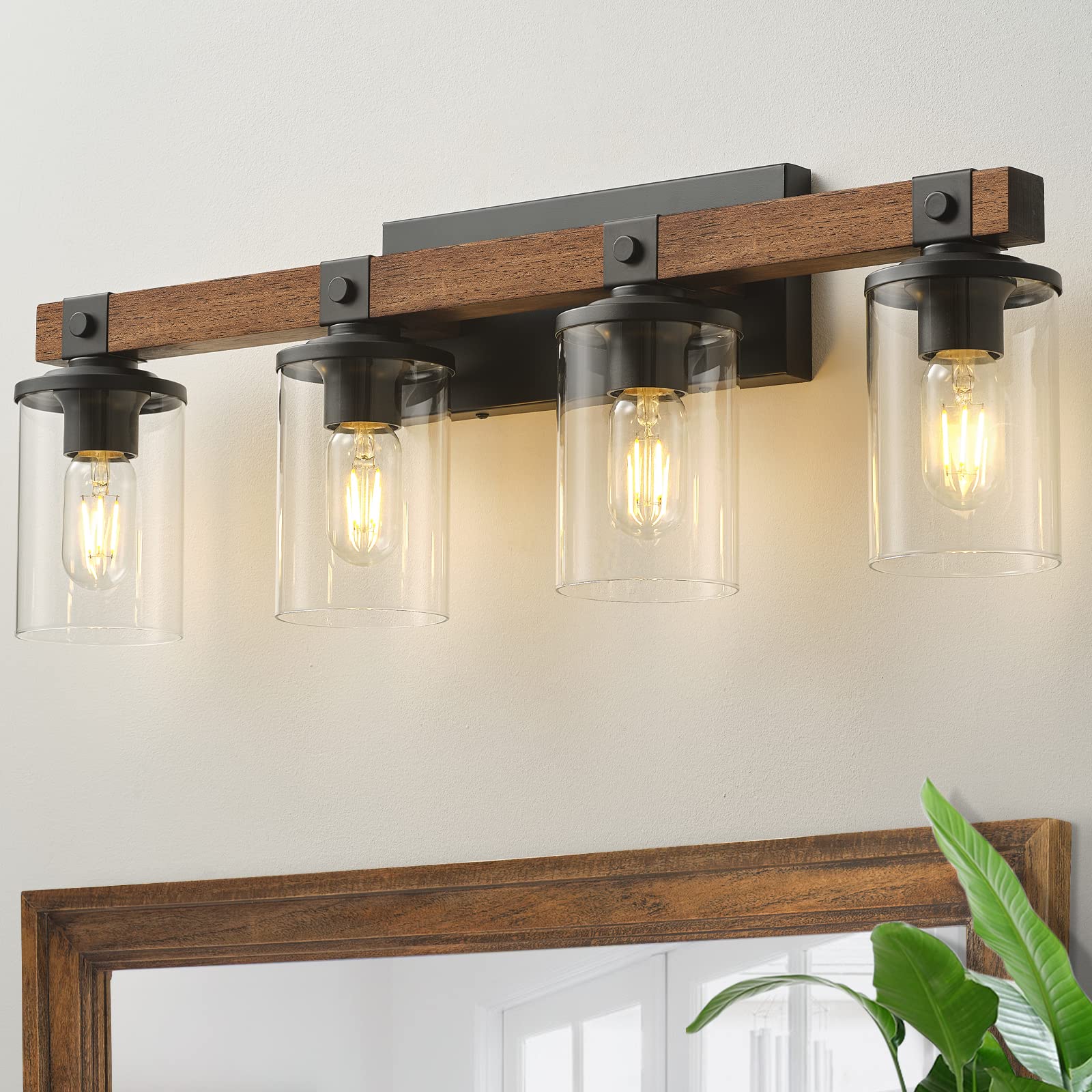 Goyeel 4-Light Rustic Bathroom Vanity Light, Antique Wood & Metal, Industrial Wall Sconce