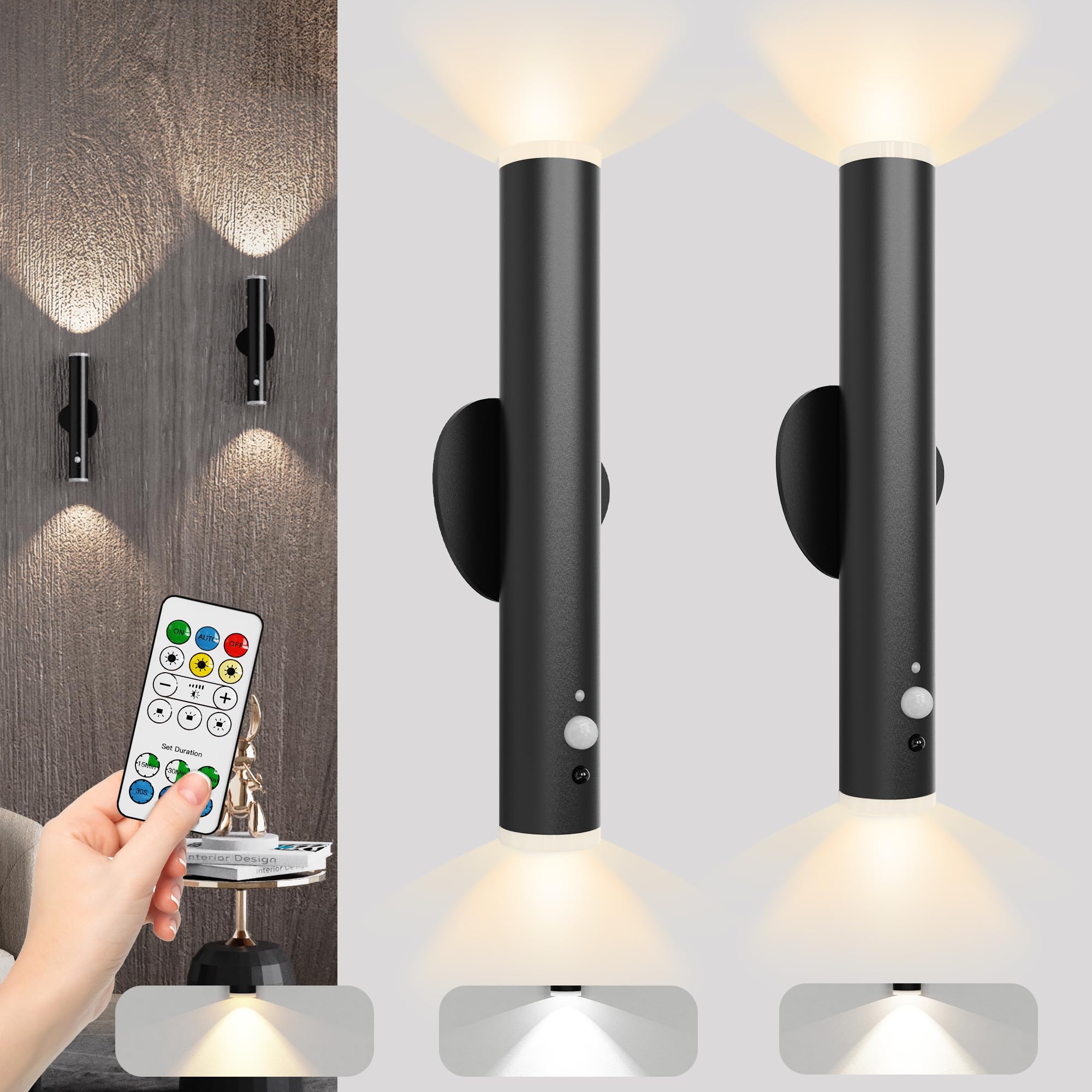 Battery Operated Wall Sconce Set of Two  Rechargeable Wall Lights with Motion Sensor  Remote Control  Dimmable Metal Magnetic Wall Lamp for Decor  Bedroom  Night Light (Black  2 Pcs)
