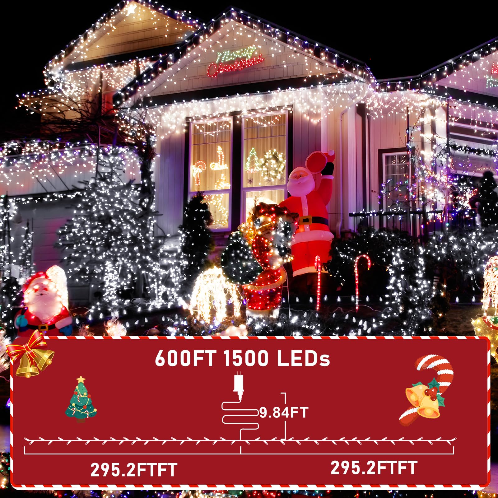 KNONEW LED String Lights 600ft 1500 Lights Waterproof Fairy Light Cool White, 8 Modes & Timer, Model KN-1000-LIG168-01