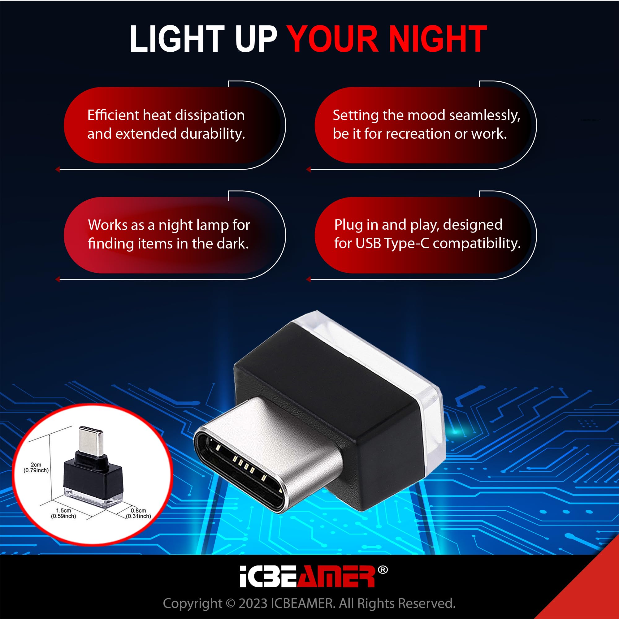 Icbeamer Type C Adapters Atmosphere Light, [Color: White] | Universal Plug-In Miniature Night Light | Led Usb Car Interior And T