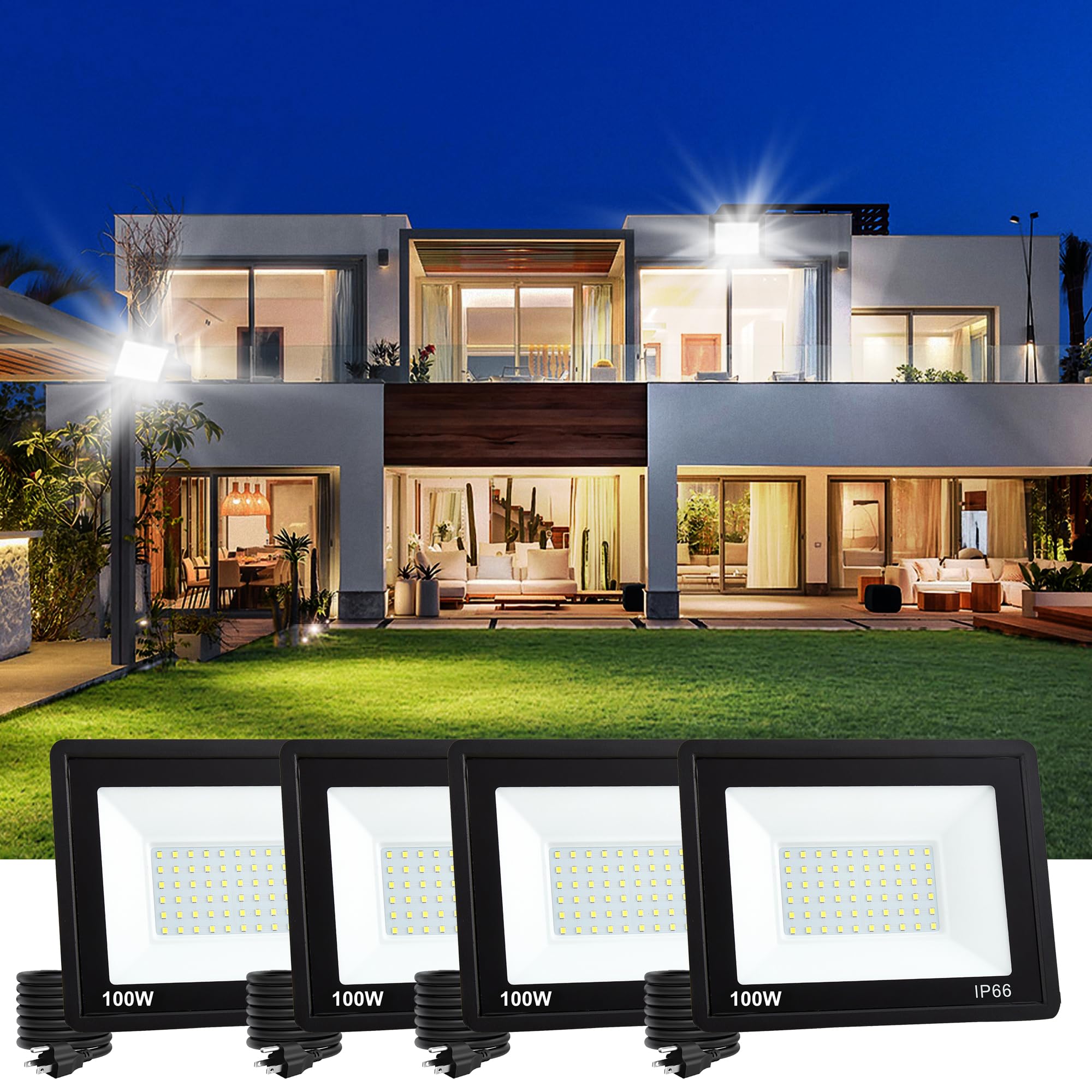 4 Pack 100W LED Flood Lights, 11000 LM Super Bright Security Lights,IP66 Waterproof Outdoor Flood Light, 6000K Daylight White Fl