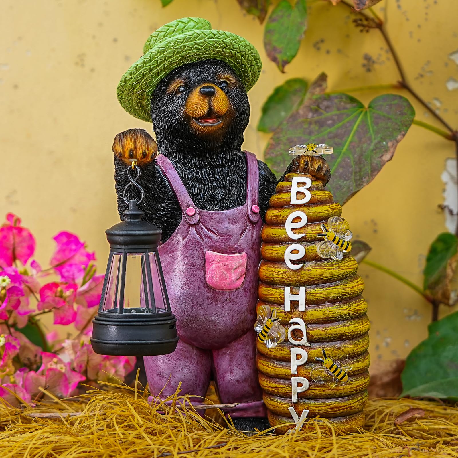 Joint Honglin Solar Adorable Bear Garden Statue with Beehive and Lantern - Bee Happy    Resin Outdoor Decoration for Yard, Patio