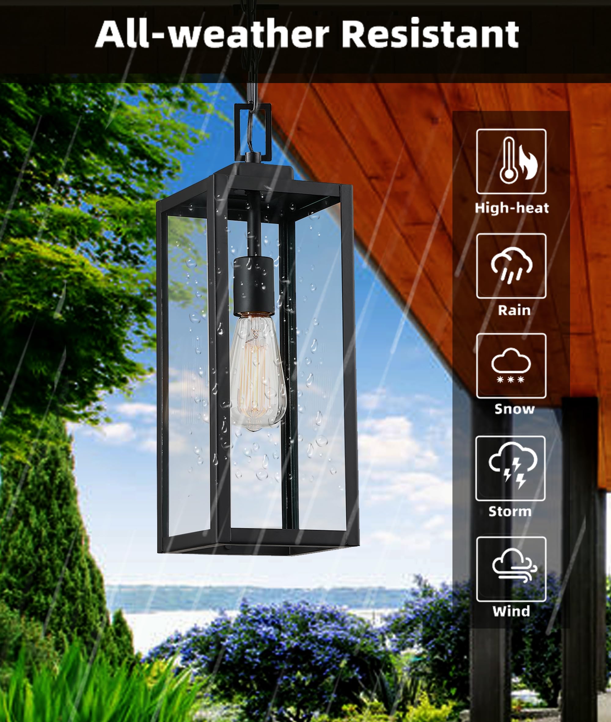 17 Inch Outdoor Pendant Light For Porch,Metal And Glass Outside Hanging Light Ceiling Mount Exterior Hanging Lantern For Patio E