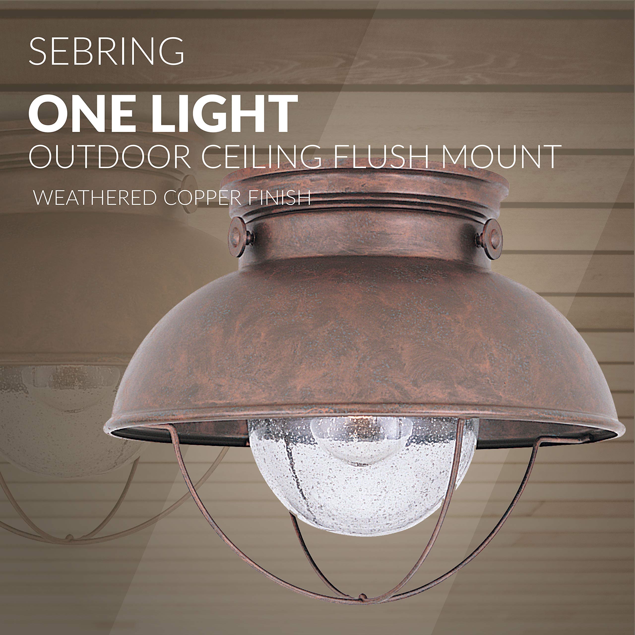 Sea Gull Lighting One-Light Outdoor Flush Mount Ceiling Light, Clear Seeded Glass, Weathered Copper Finish, Model 8869-44