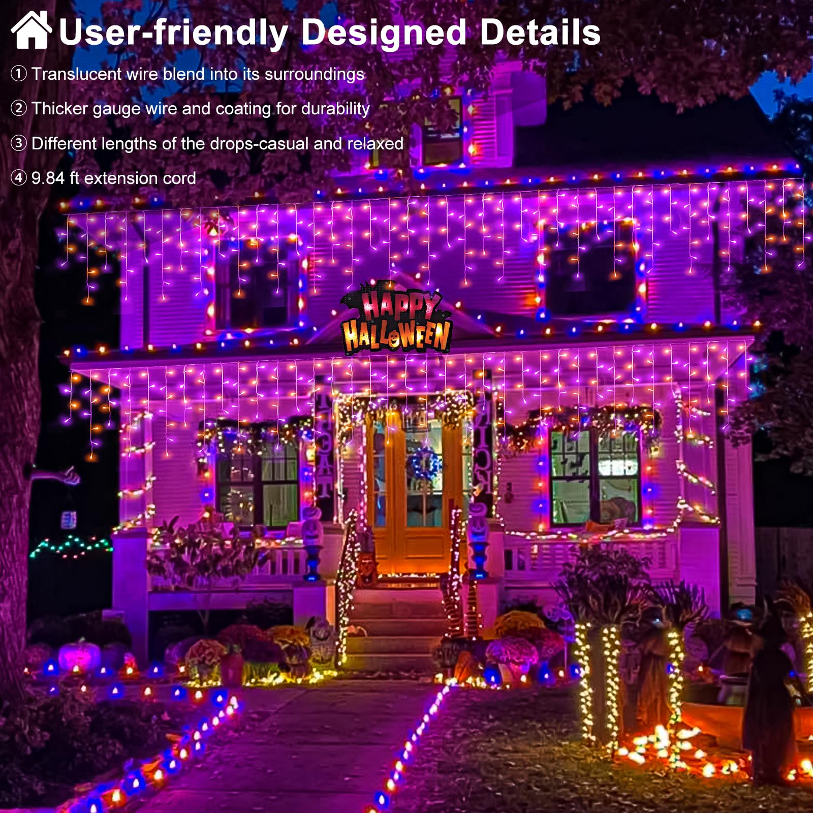 33Ft Christmas Lights Outdoor  400 Led Icicle Lights For Outside  Orange And Purple Twinkle Christmas Light With Connectable Clear Wire 8 Modes Timer Waterproof For House Party Tree Holiday Yard Decor